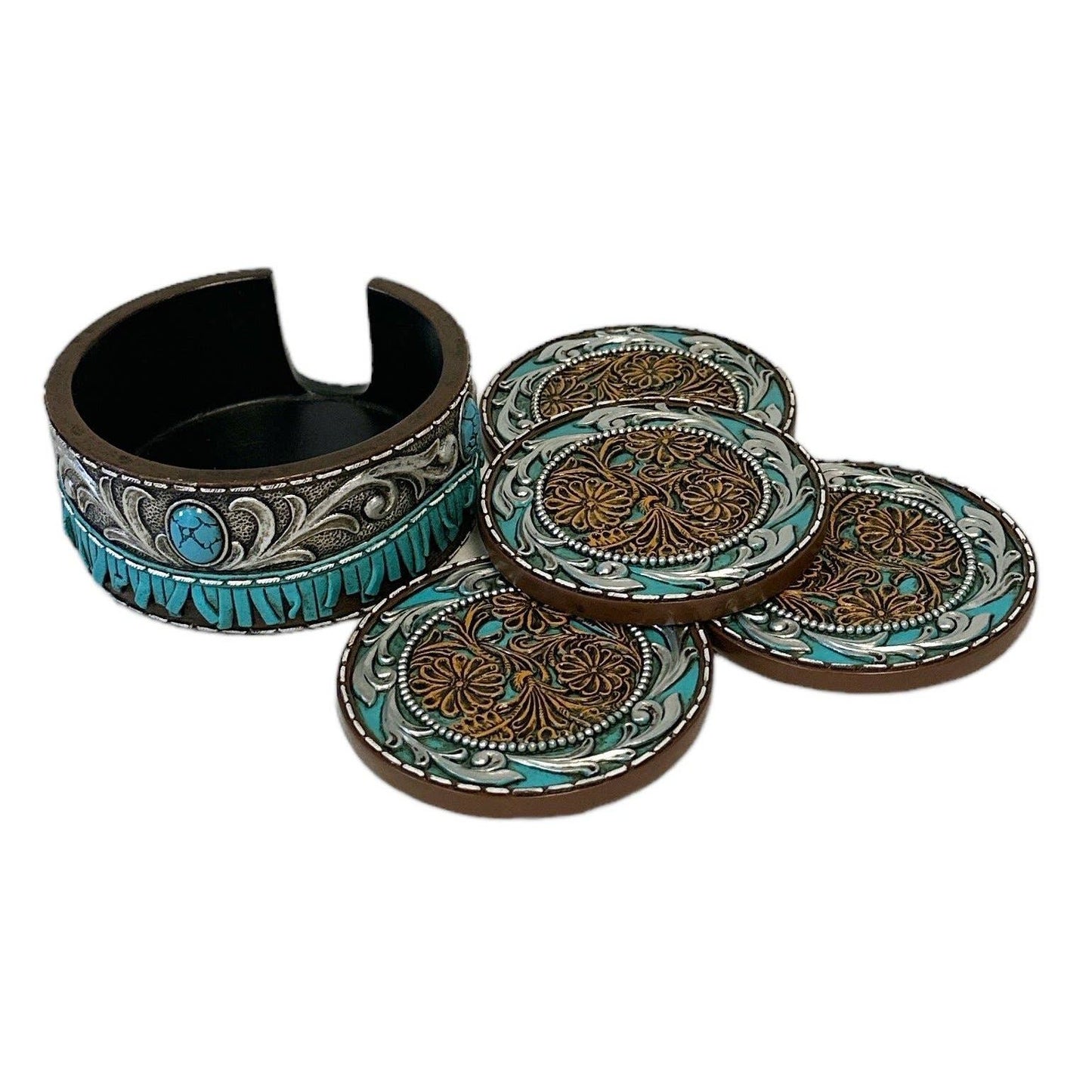 BLUE BROWN TOOLED LEATHER WITH BLUE TASSEL COASTERS