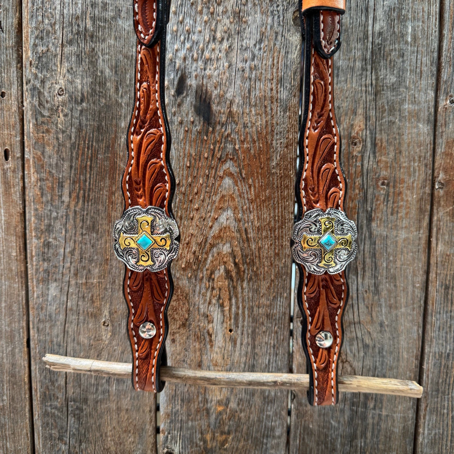 Rodeo Drive - Light Oil Floral Gold Cross, Turquoise Browband/One Ear Breastcollar Tack Set #BBBC676