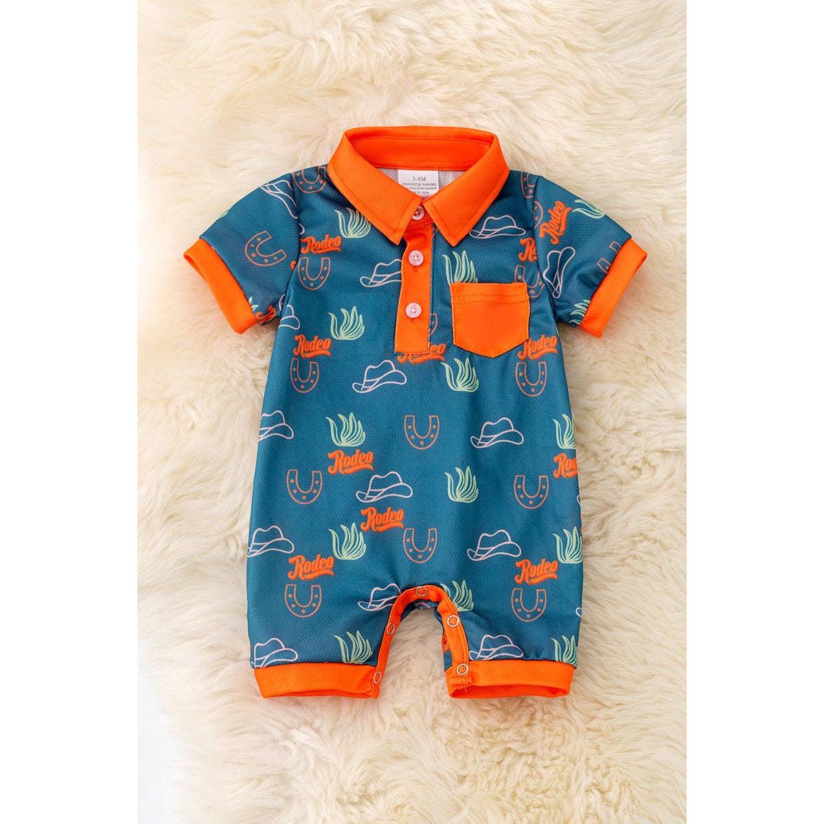 Kids Charm Online - Rodeo blue and orange trim cactus printed baby romper. RPB50271 AMY
