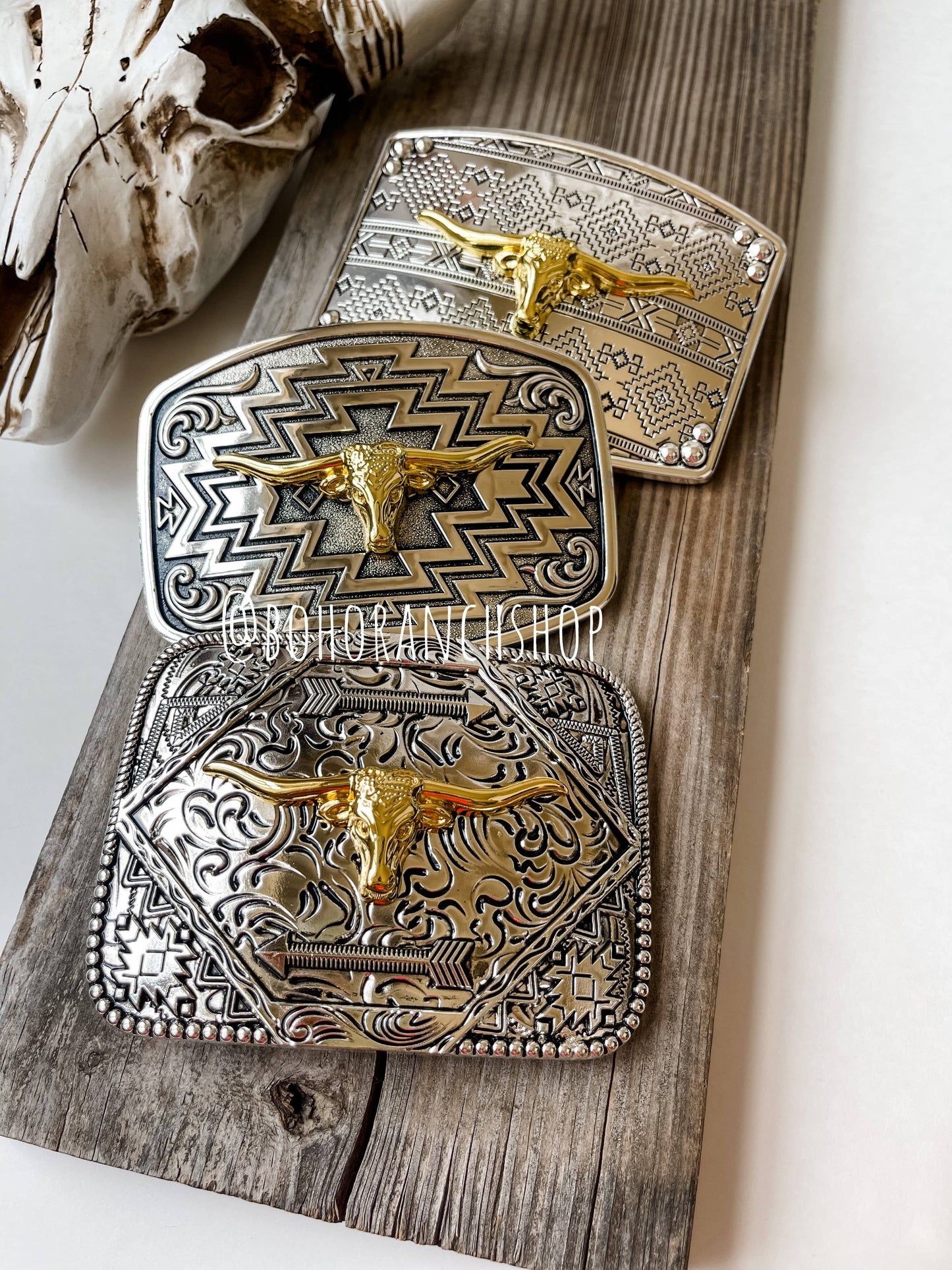 Western Longhorn Belt Buckle Silver - Rose Gold - Gold