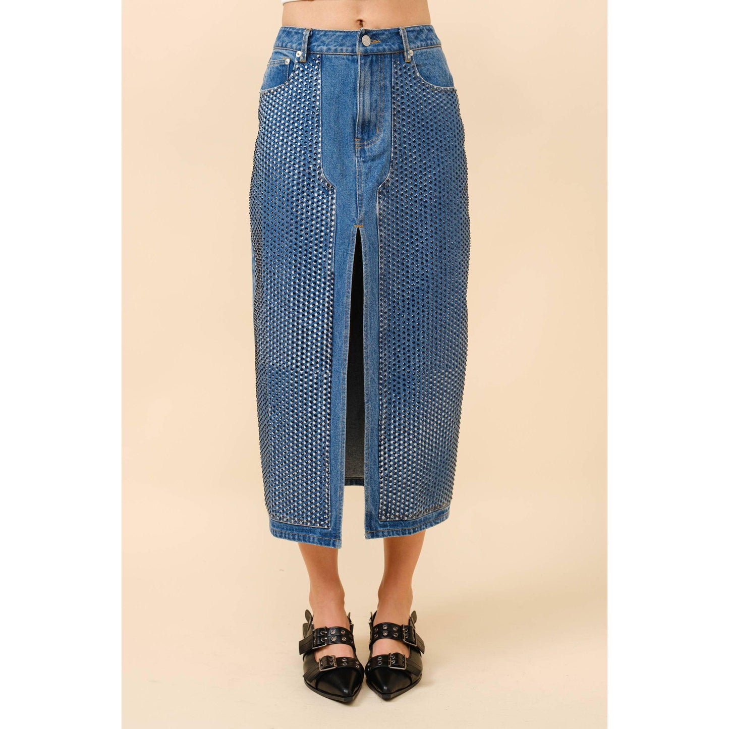 Blue B - 23052S - Embellished Stone Slit Midi Denim Skirt