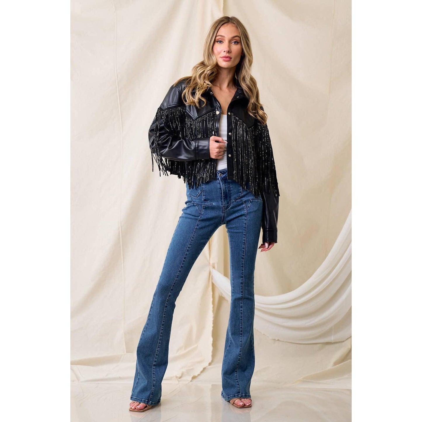 BLACK PU SILVER STUDDED FRINGE BUTTON DOWN JACKET