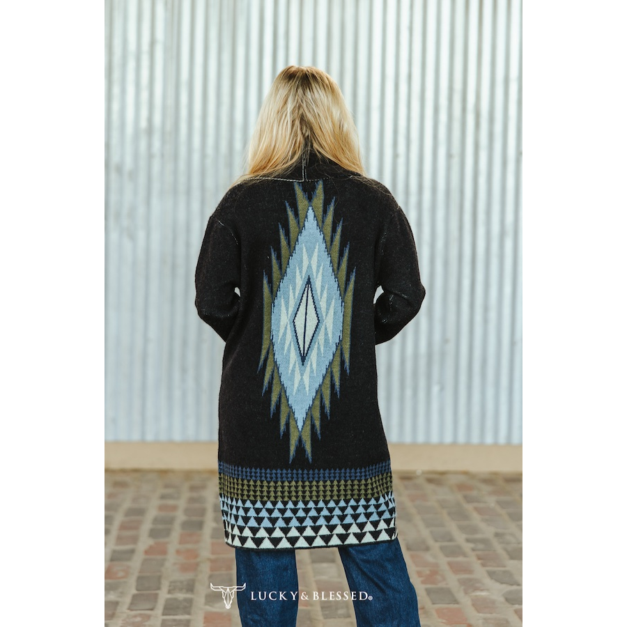 Black Turquoise Aztec Long Sleeve Knitted Cardigan