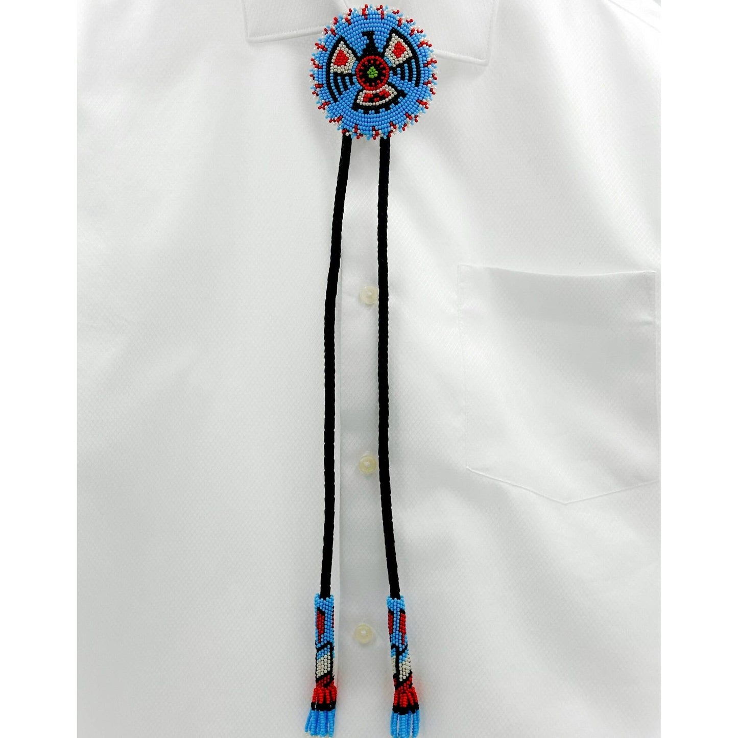 Handmade beaded Cyan Blue Thunderbird leather Bolo Tie