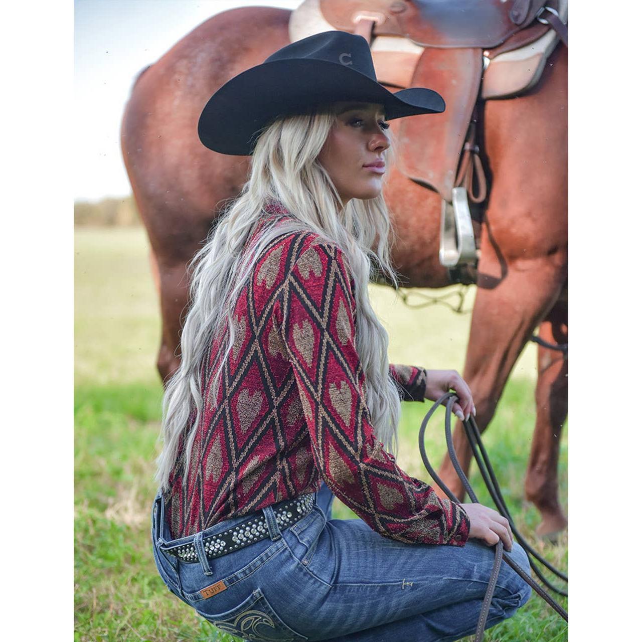 Cowgirl Tuff Co. / B. Tuff Jeans - Pullover Button Up with Red Shimmery Diamonds and Hearts