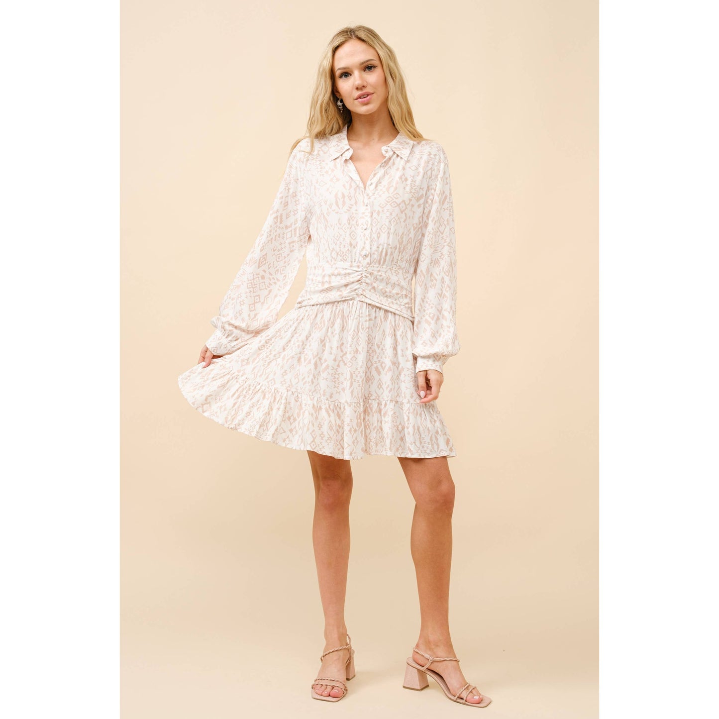 34940D - Ikat Aztec Print Button up Ruched Waist Shirt Dress