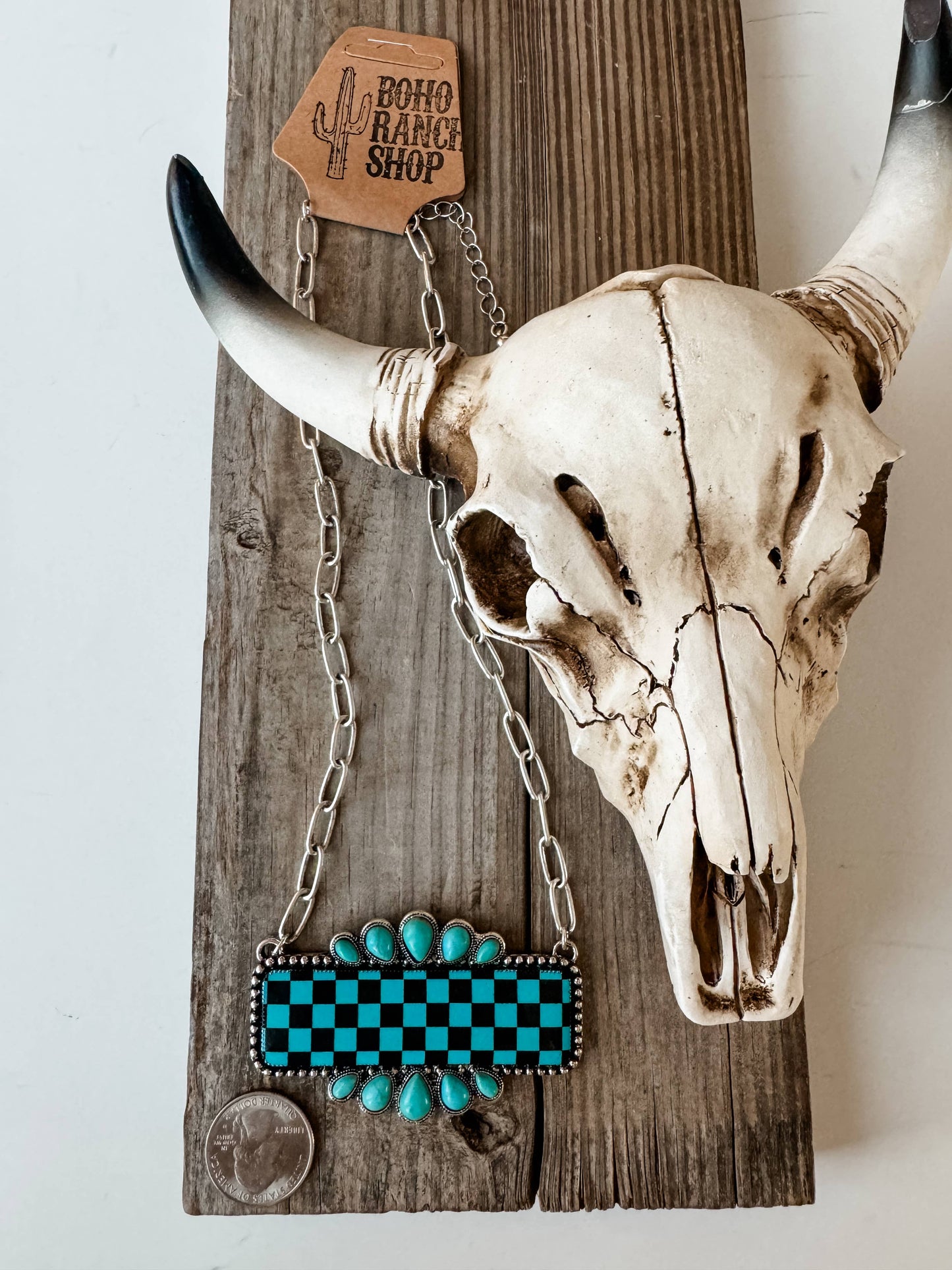 Western Checkered Rectangle Pendant Necklace