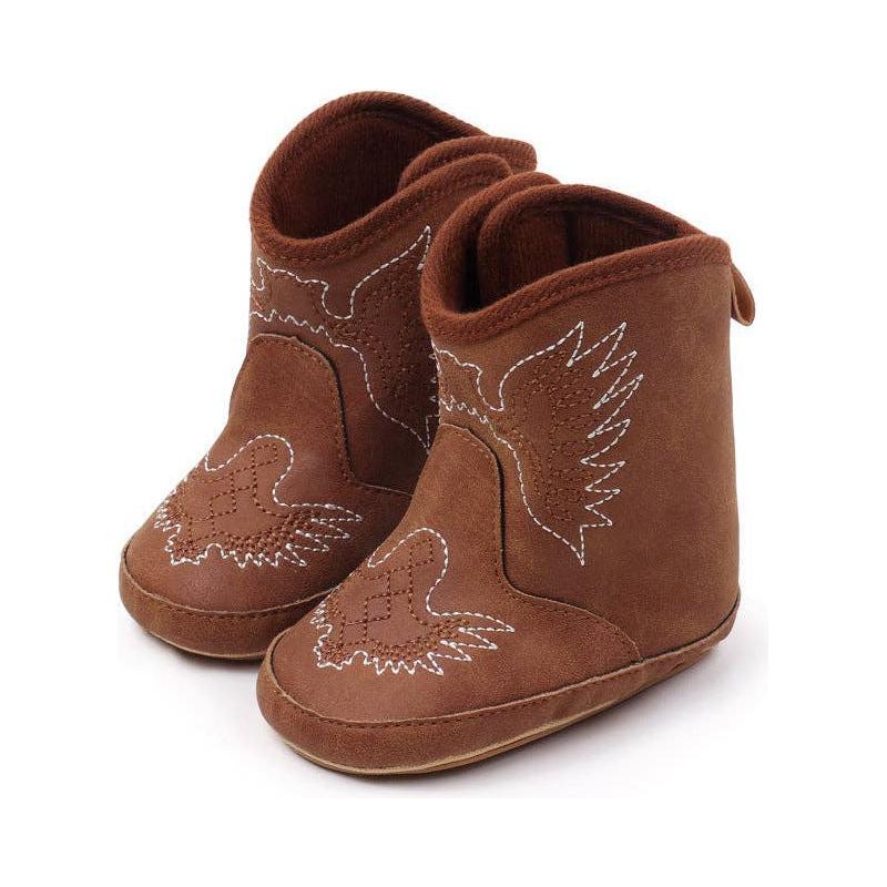 Brown pleather baby boots with velcro