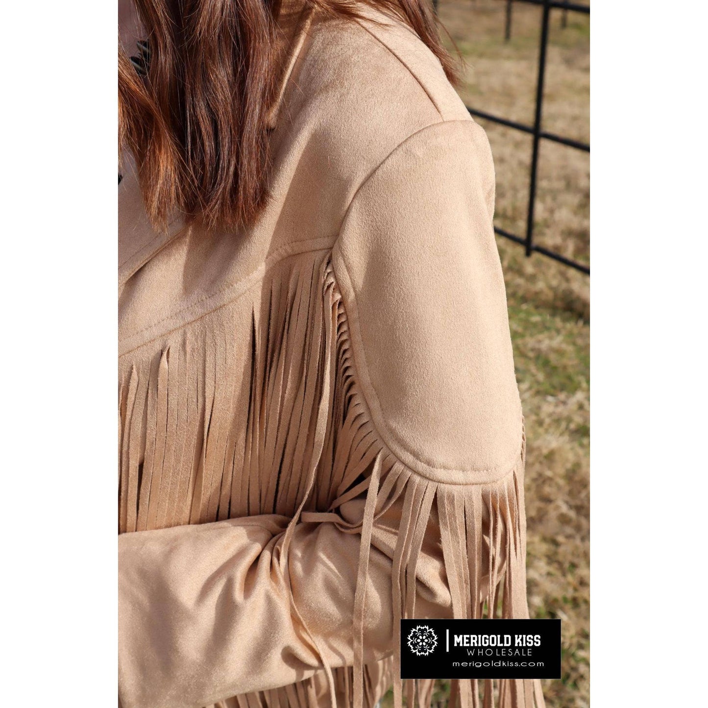 Merigold Kiss - MK208 Deluxe Rhinestone Fringe Vegan Suede Jacket -Taupe