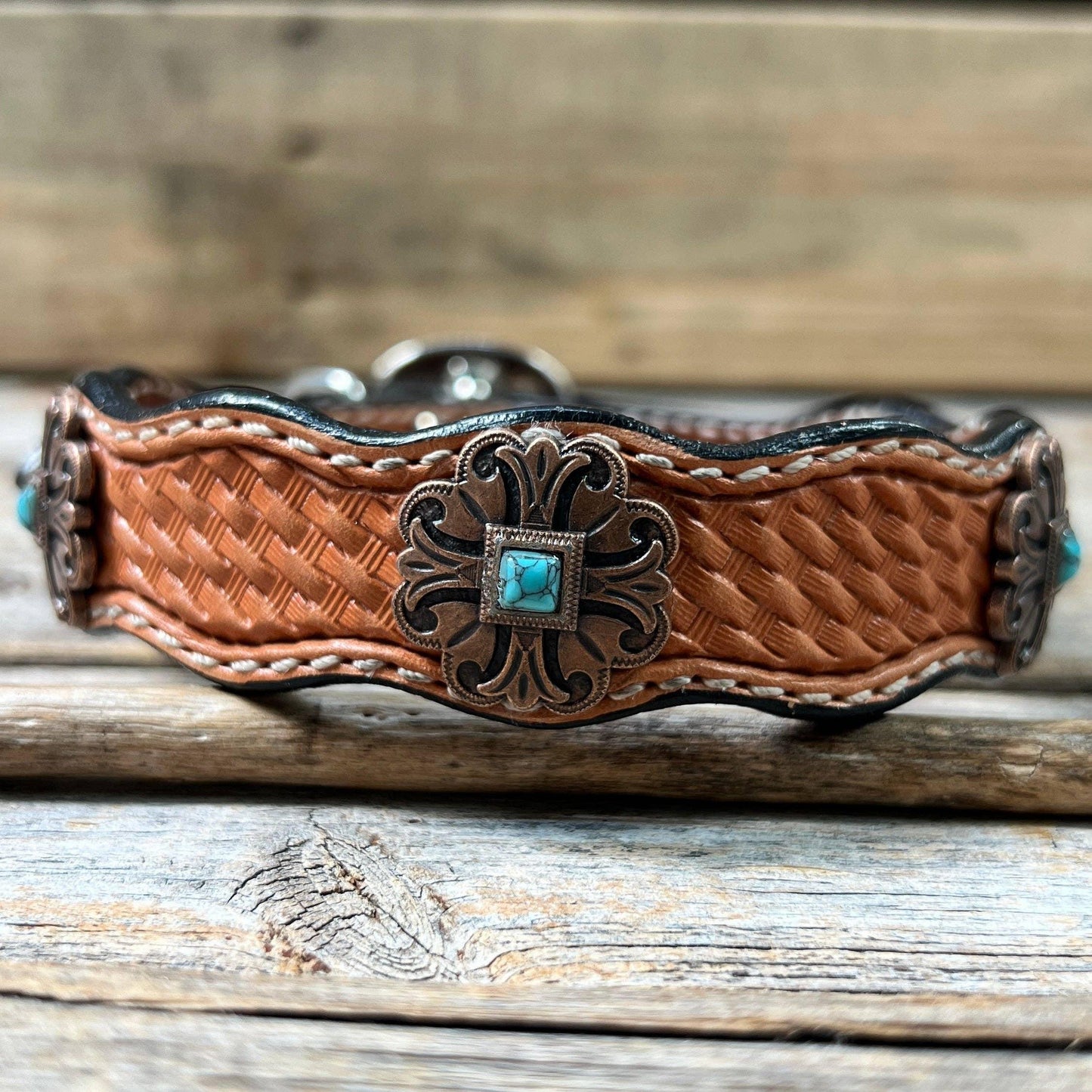 Rodeo Drive - Leather Dog Collar with Copper Fleur De Lis 10" to 22"