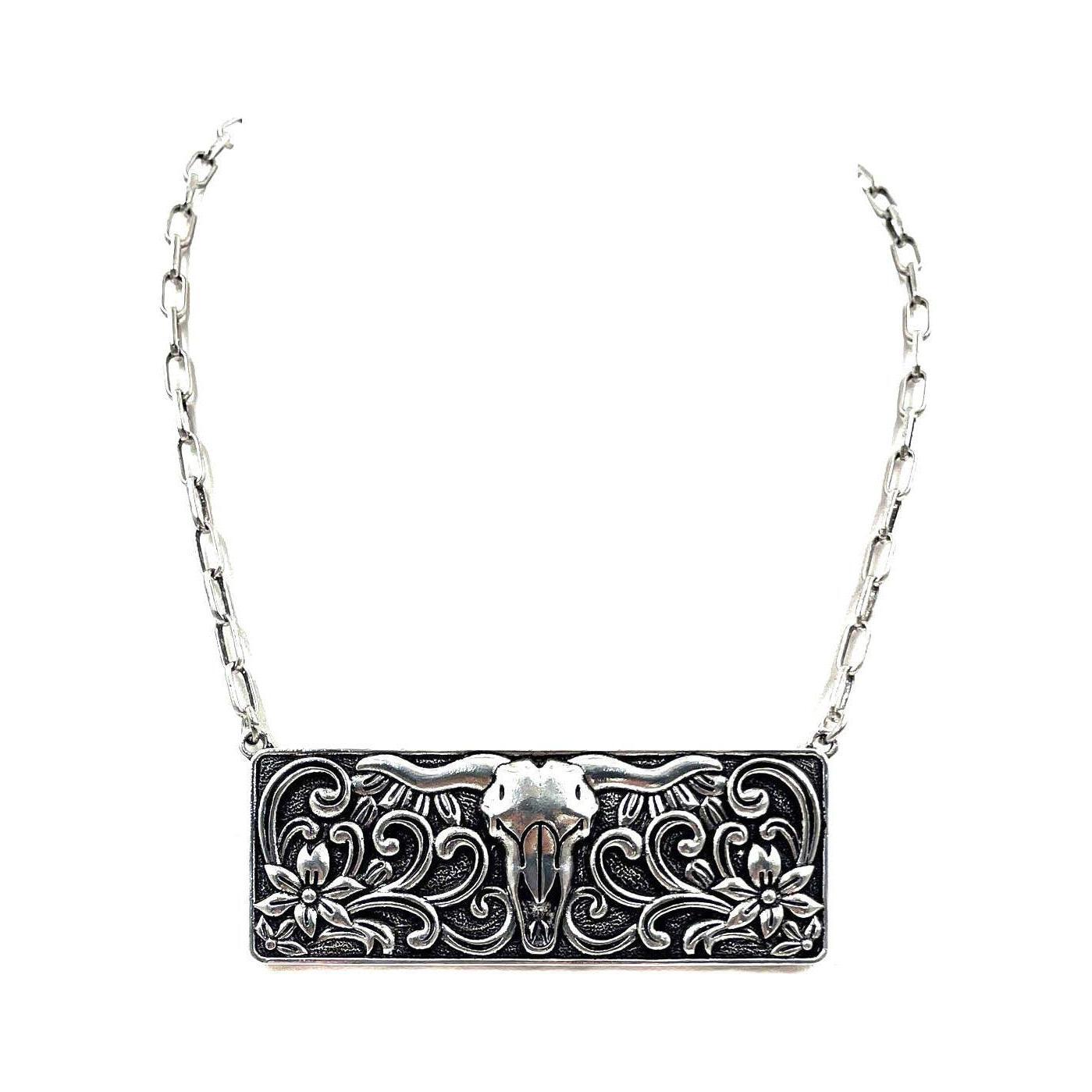 Snowing West - Western Steer Head Metal Plate Necklace