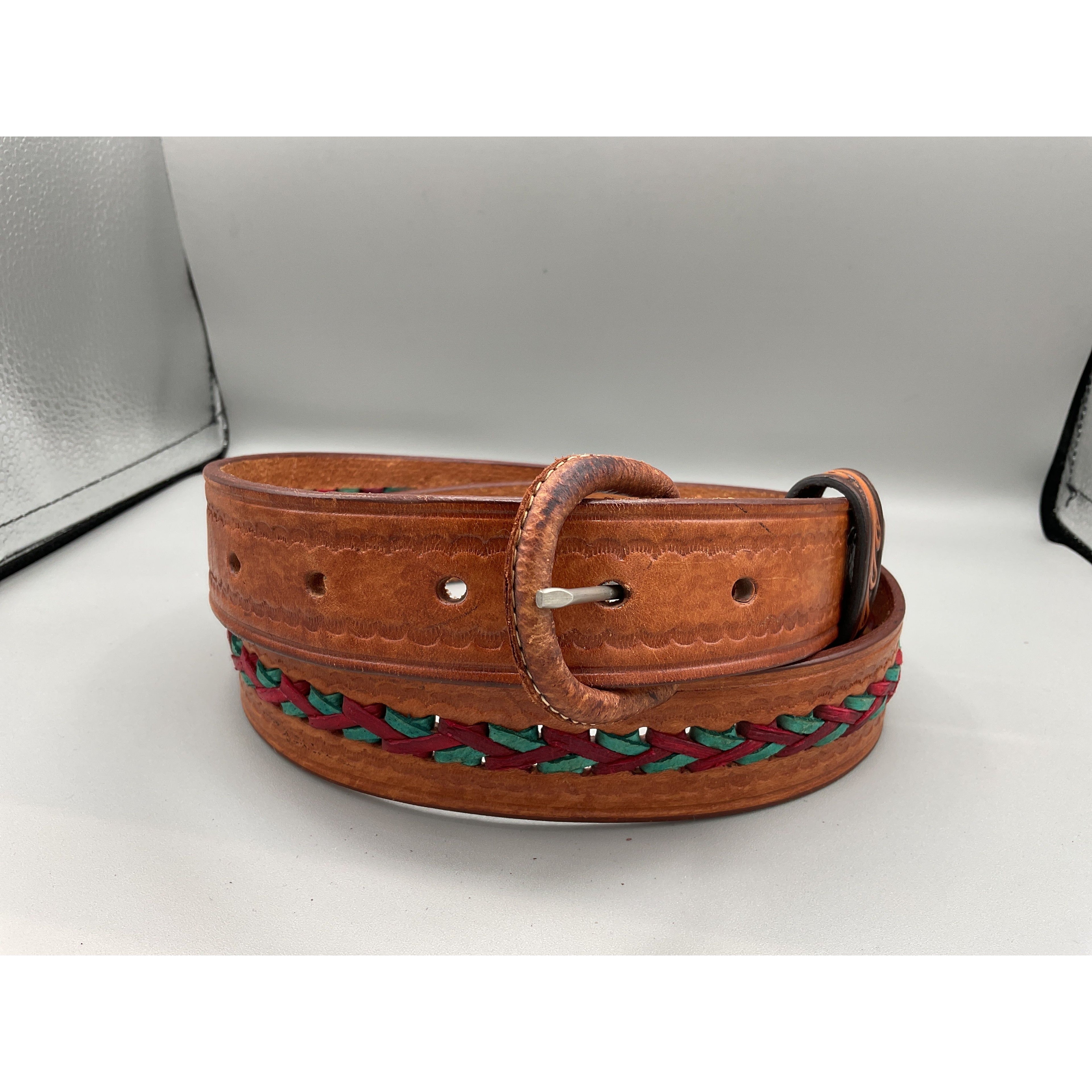 Ladies- BELT 1.5” Whiskey Coloured, Stamped Leather with Burgundy and Turquoise woven lacing