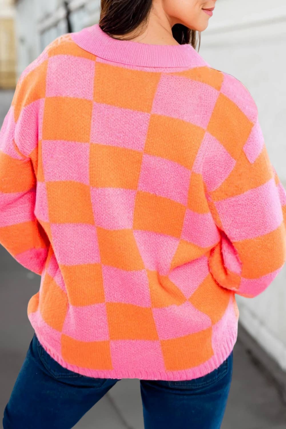 Checkered Plaid Collared Puff Long Sleeve Sweater