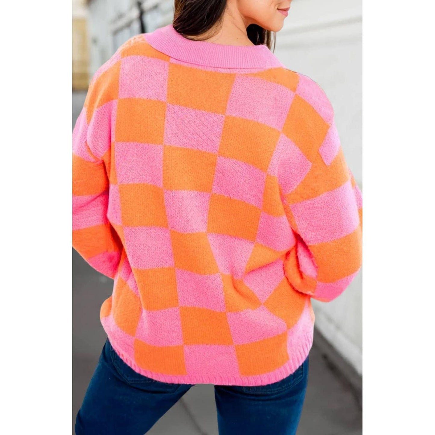 Checkered Plaid Collared Puff Long Sleeve Sweater