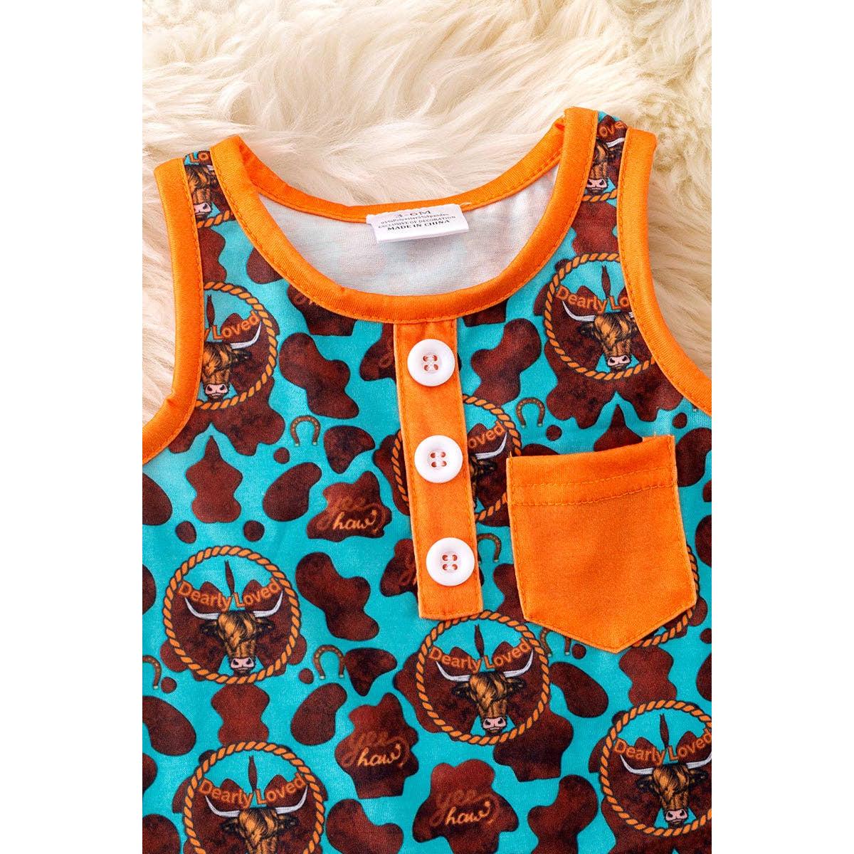 Kids Charm Online - "Dearly Loved" Highland cow printed boys baby romper with snaps. RPB50273 SOL