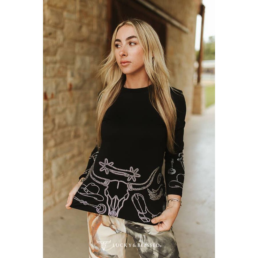 Black Western Rhinestone Pressed Detail Long Sleeve Shirt
