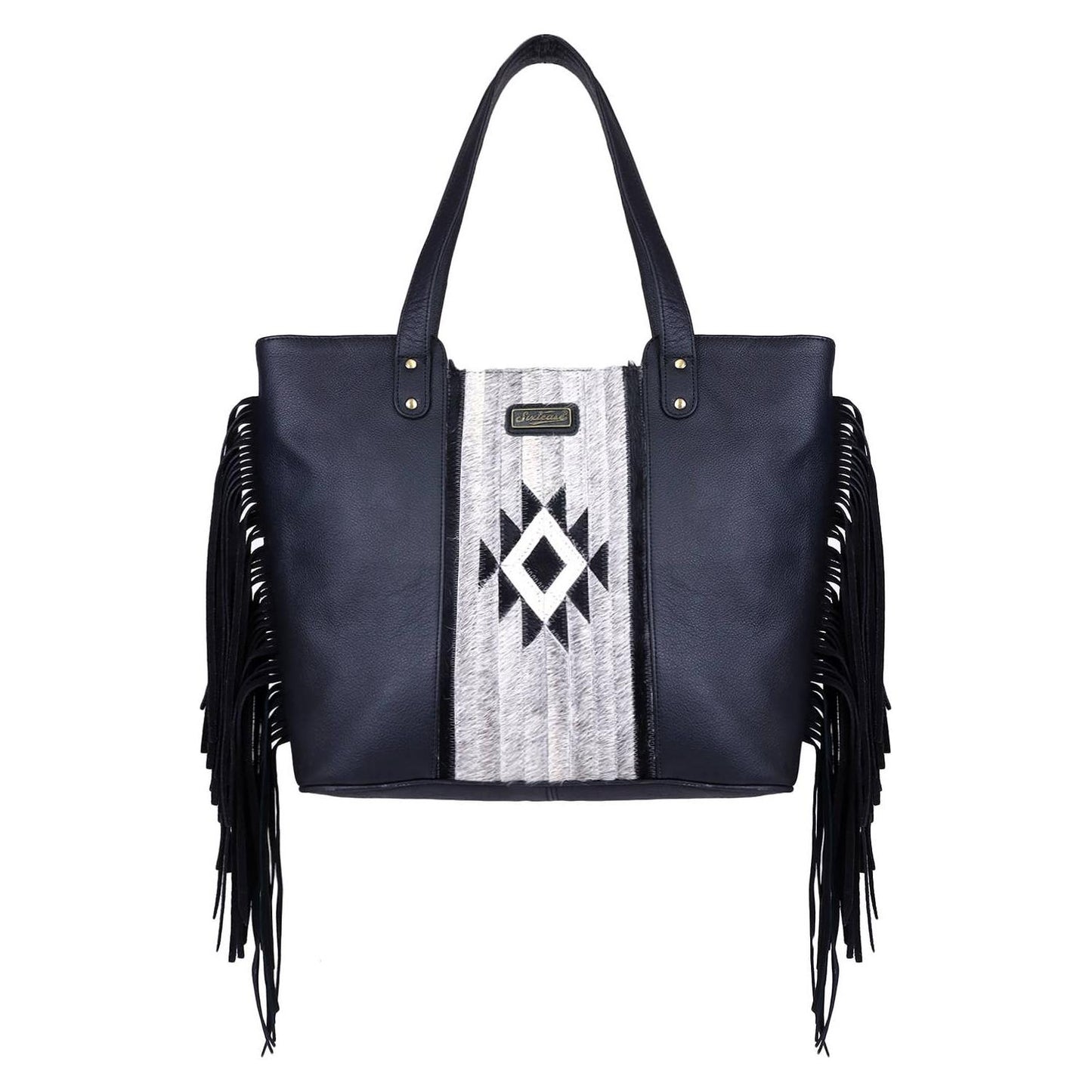 Sixtease Bags - Leather Cowhide Fringed Women Tote - Grey Black Aztec