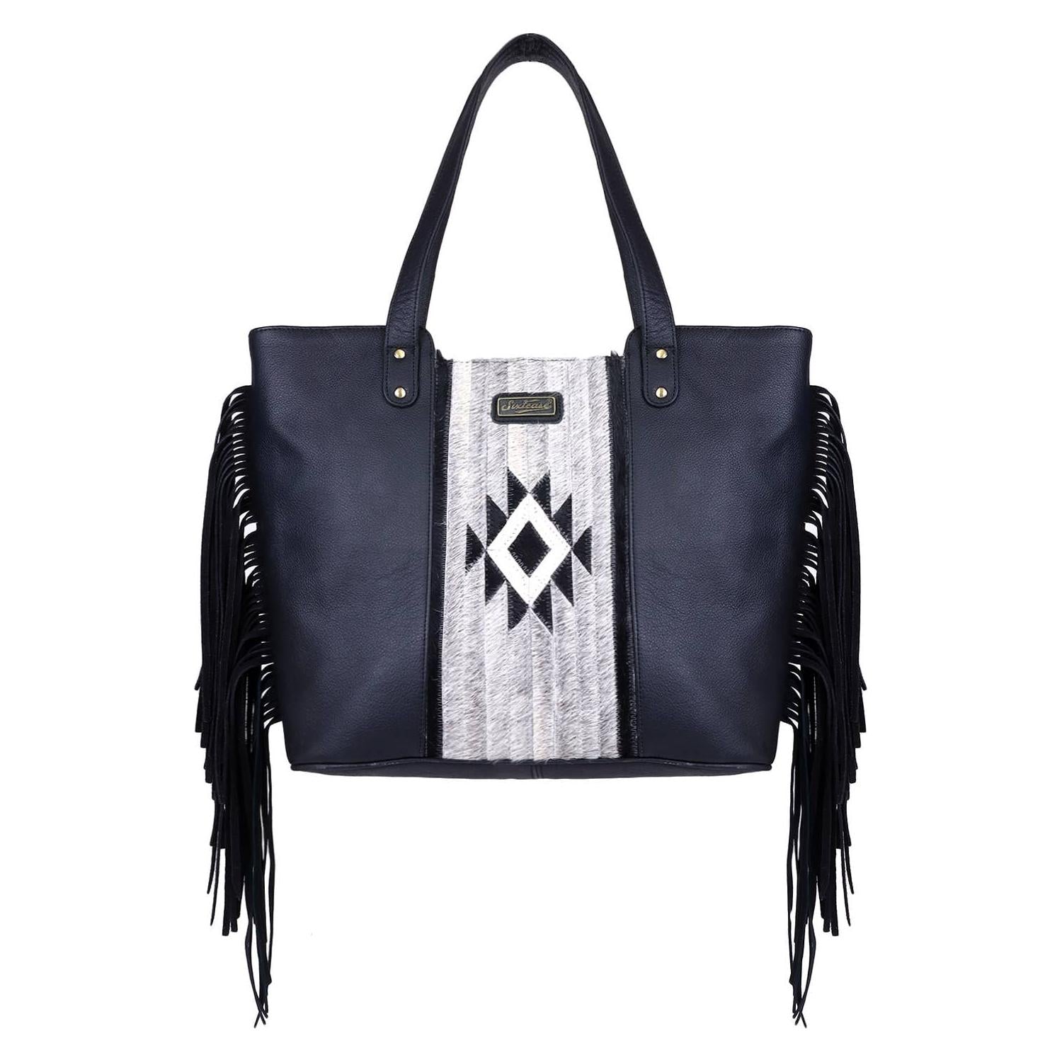 Sixtease Bags - Leather Cowhide Fringed Women Tote - Grey Black Aztec