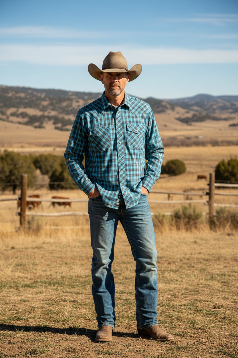 Roper Men’s Western Shirt - Long Sleeve, Snap, Blue Brown Plaid 1-001-0101-4073