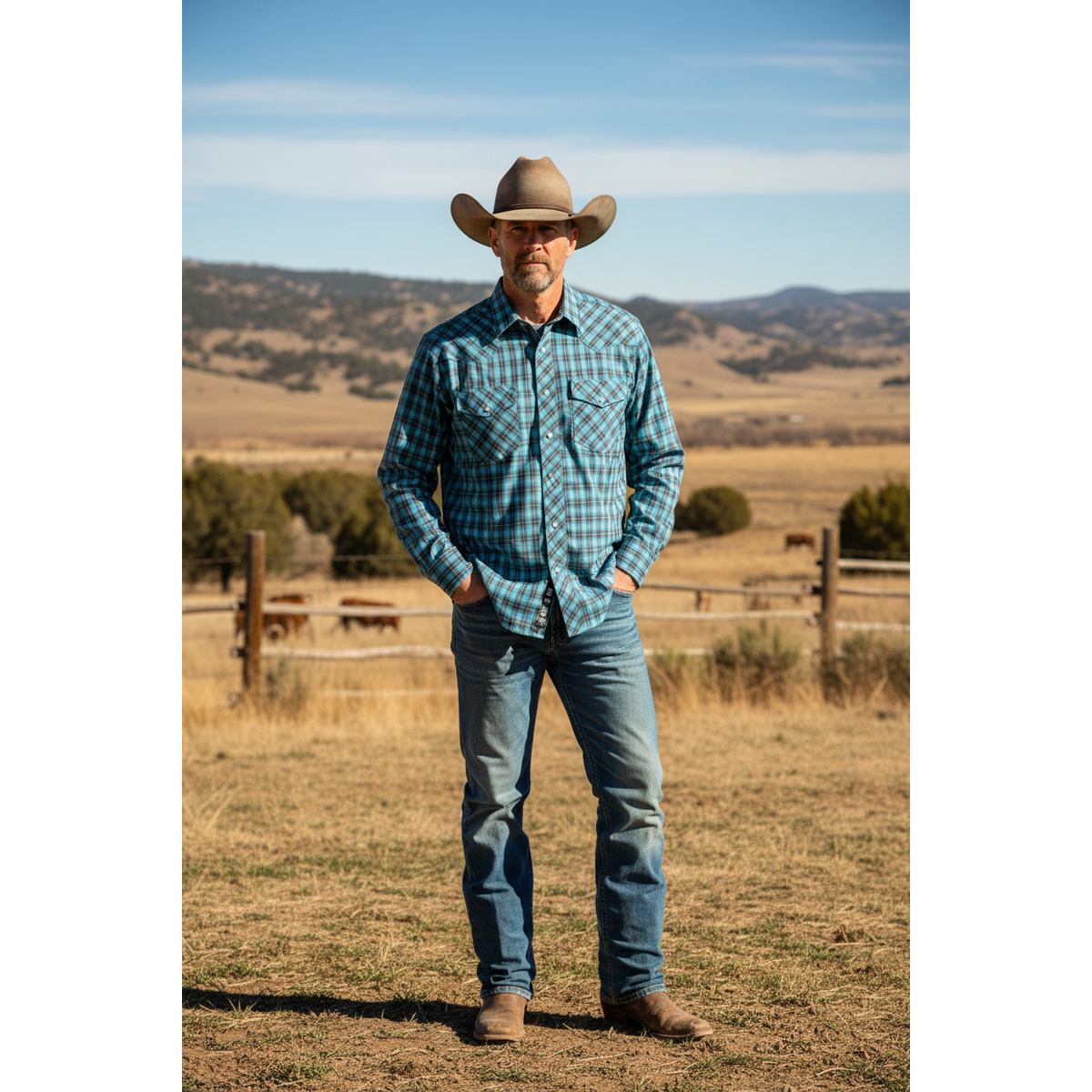 Roper Men’s Western Shirt - Long Sleeve, Snap, Blue Brown Plaid 1-001-0101-4073