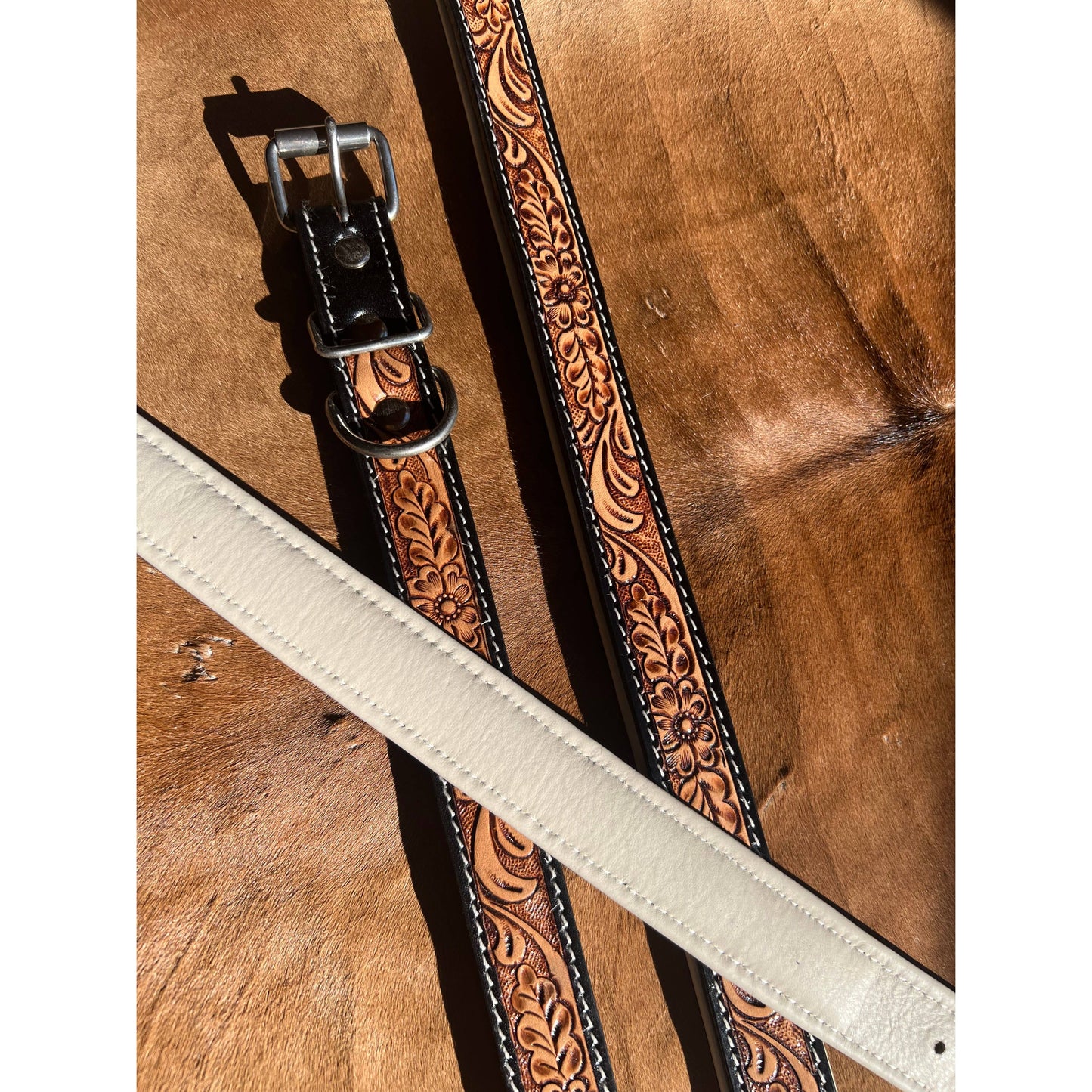 Tooled Leather Western Leather Padded Dog Collar White