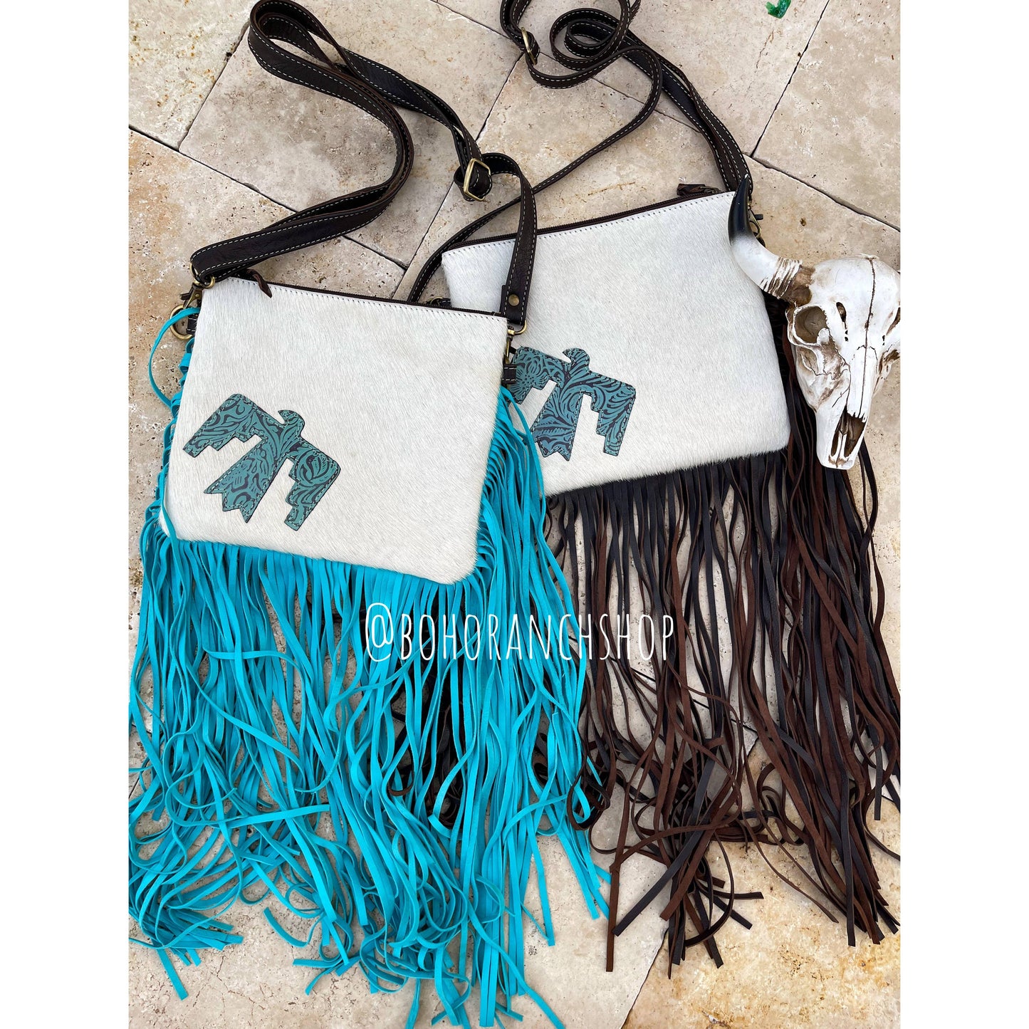 Boho Ranch Shop - THUNDERBIRD COWHIDE CROSSBODY tooled Leather Cowhide Clutch