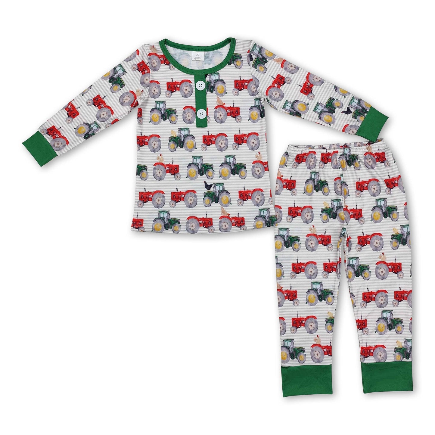 Green red tractor baby boy farm bamboo zipper romper