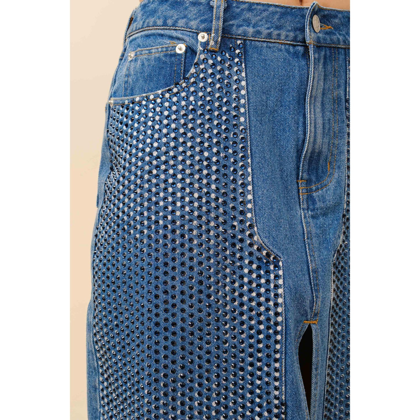 Blue B - 23052S - Embellished Stone Slit Midi Denim Skirt