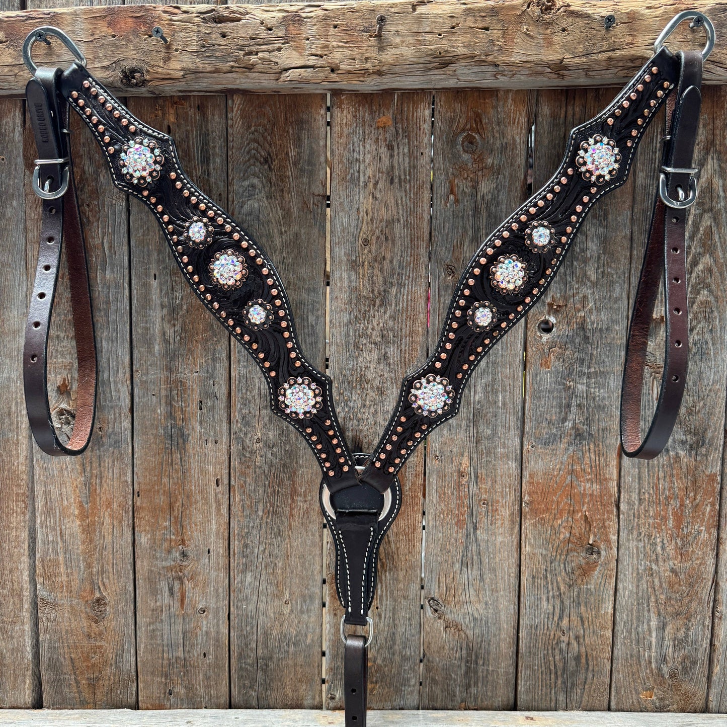 Dark Oil Floral Copper Dot AB One Ear / Breastcollar Tack Set #OEBC428