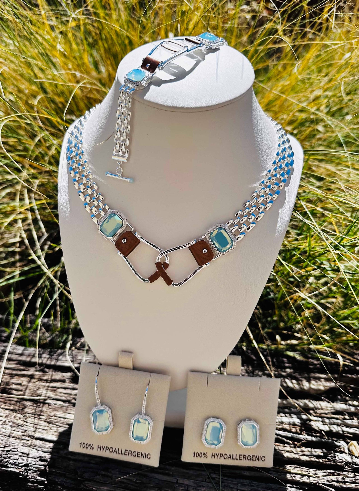 Bold Western Saddle Stirrup Necklace Aqua stone