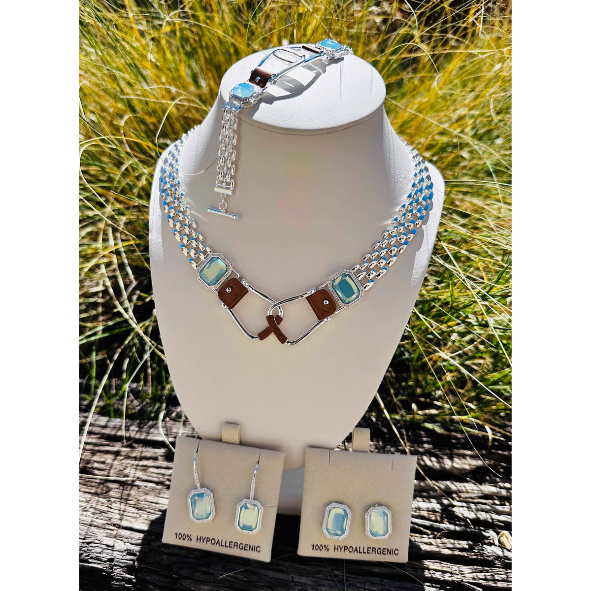 Bold Western Saddle Stirrup Necklace Aqua stone