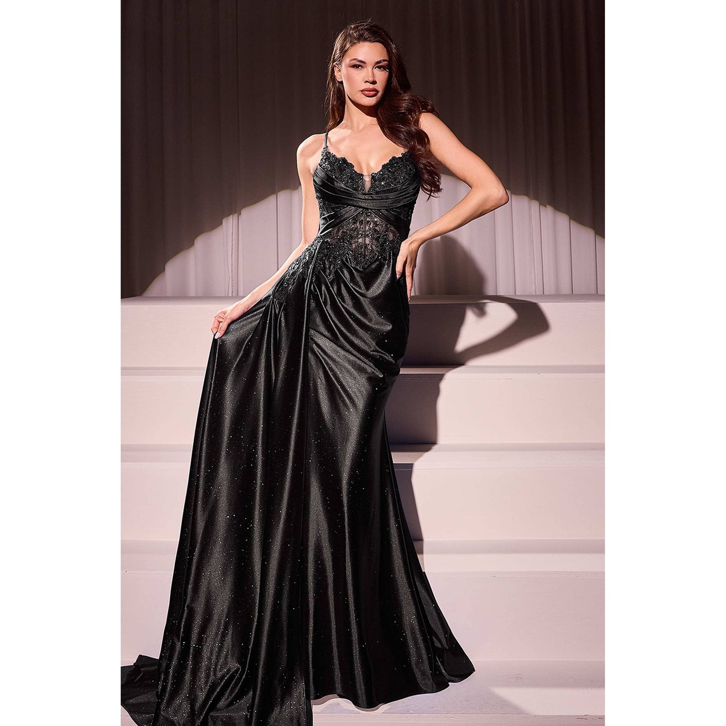FITTED SATIN & LACE EVENING GOWN