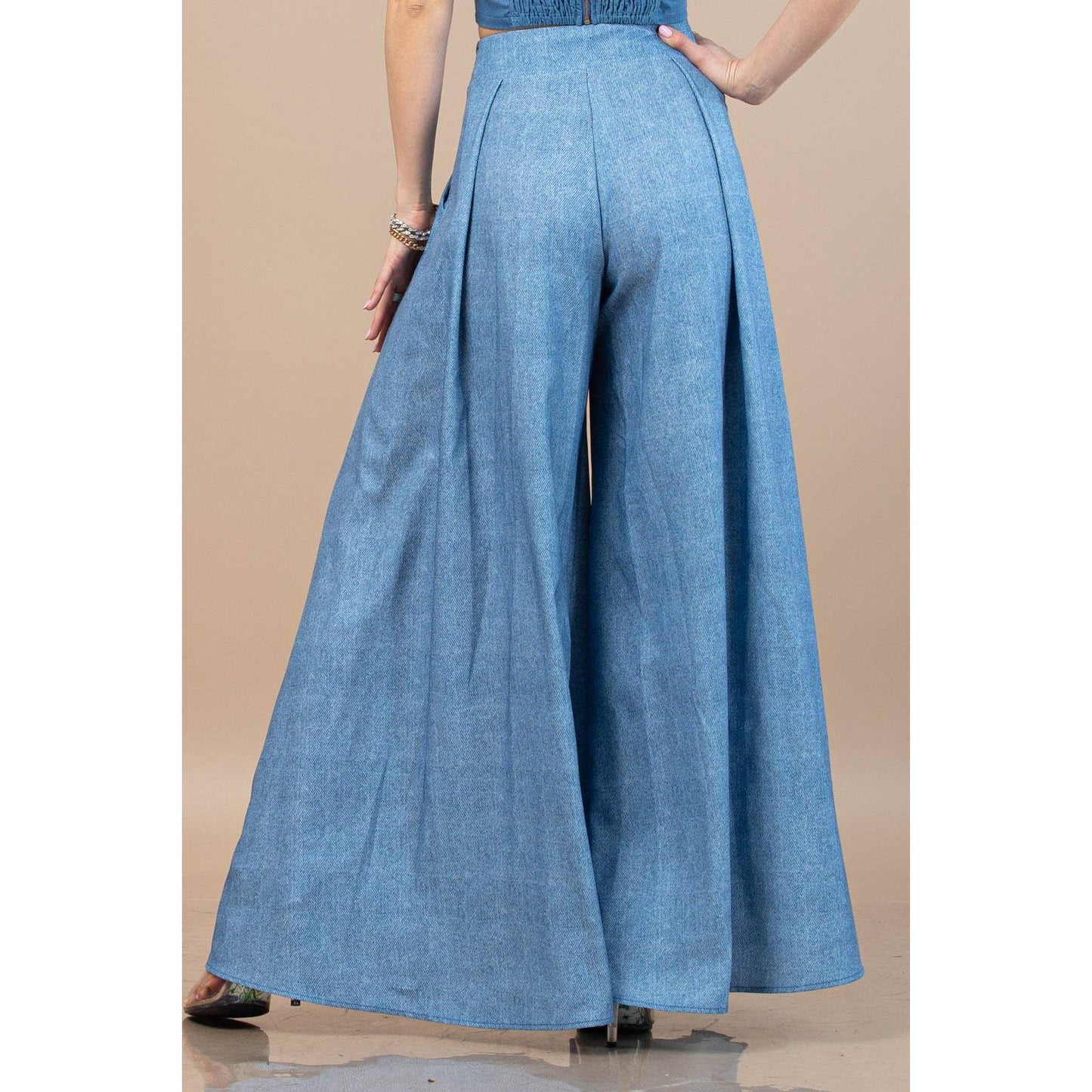 Nylon Apparel - P919-5174-Denim Custom Print Wide Leg Palazzo Pants