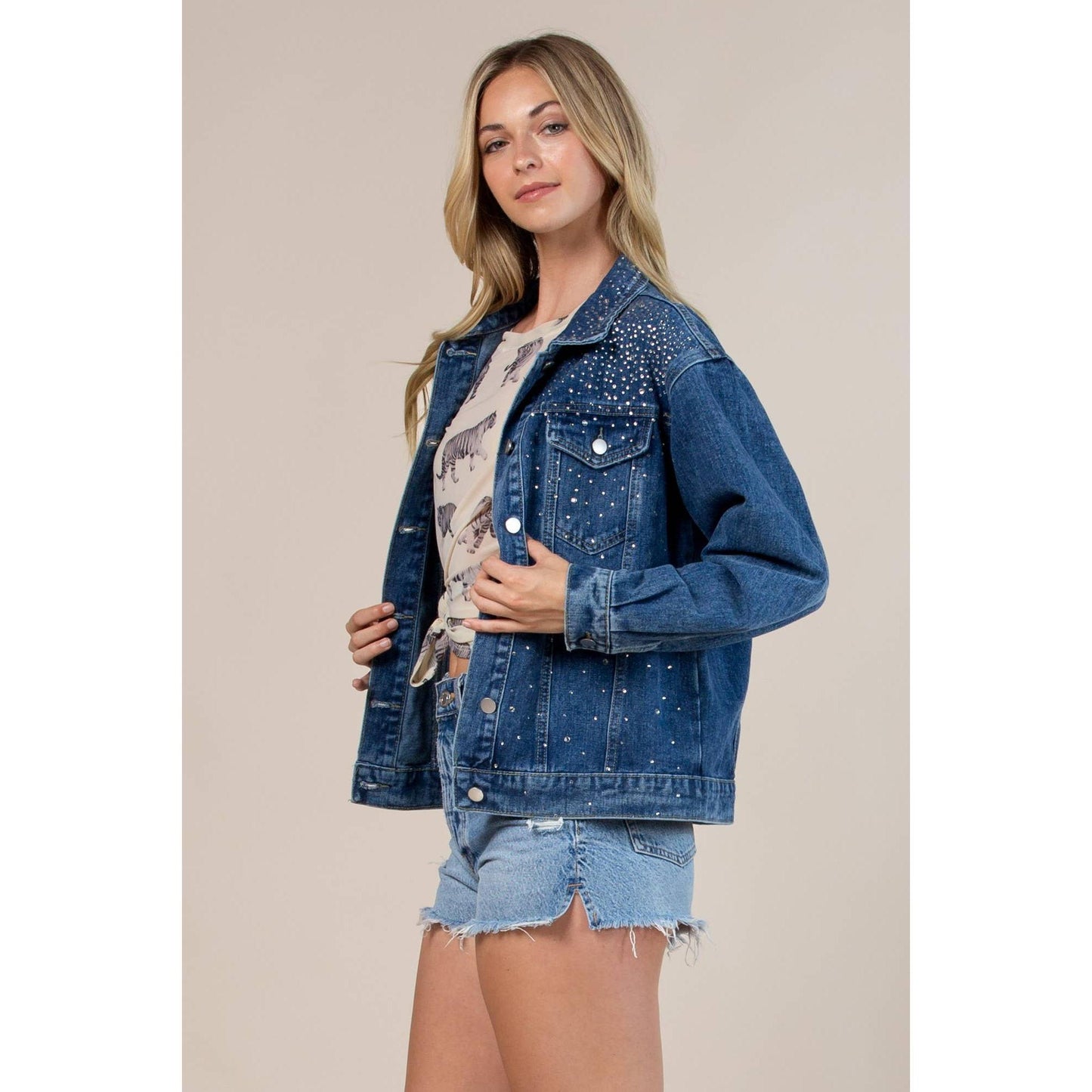 Nylon Apparel - 63003-Denim Rhinestones Collared Jacket