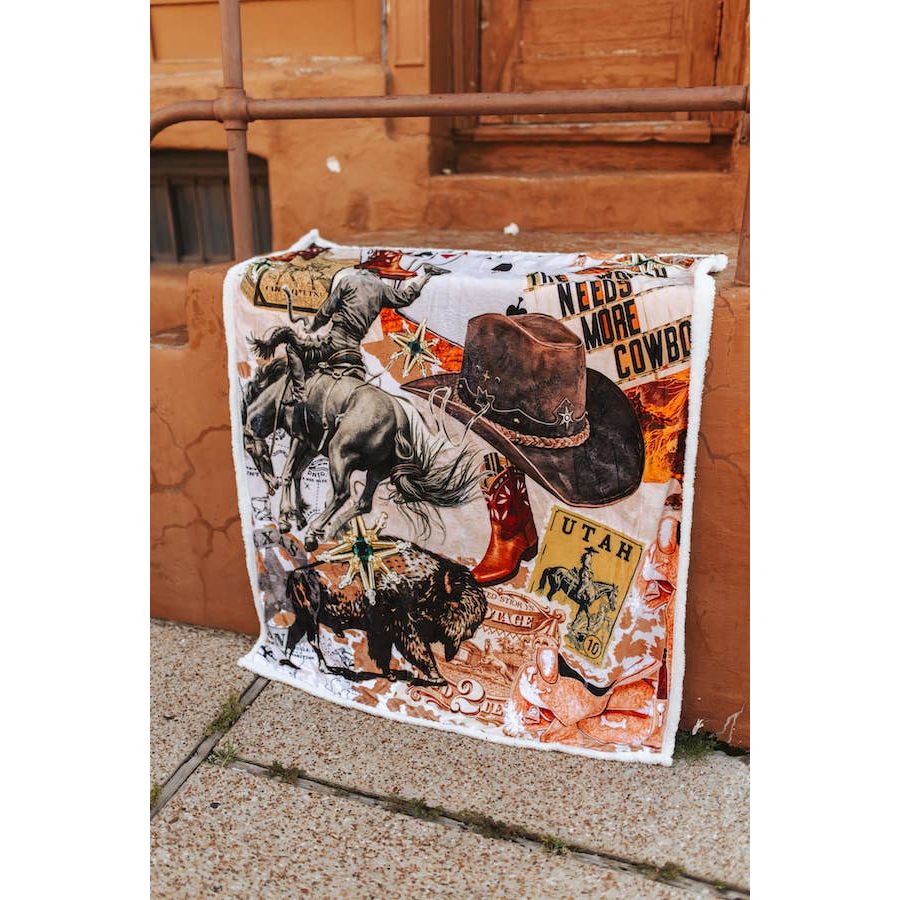 Western Cowboy Collage Ivory Sherpa Blanket