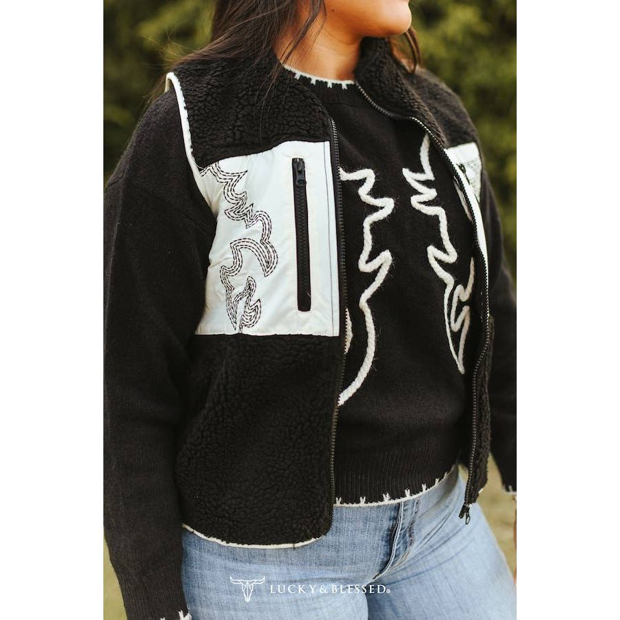 Contrast Black Sherpa Vest W Boot Stitch Aztec Panel