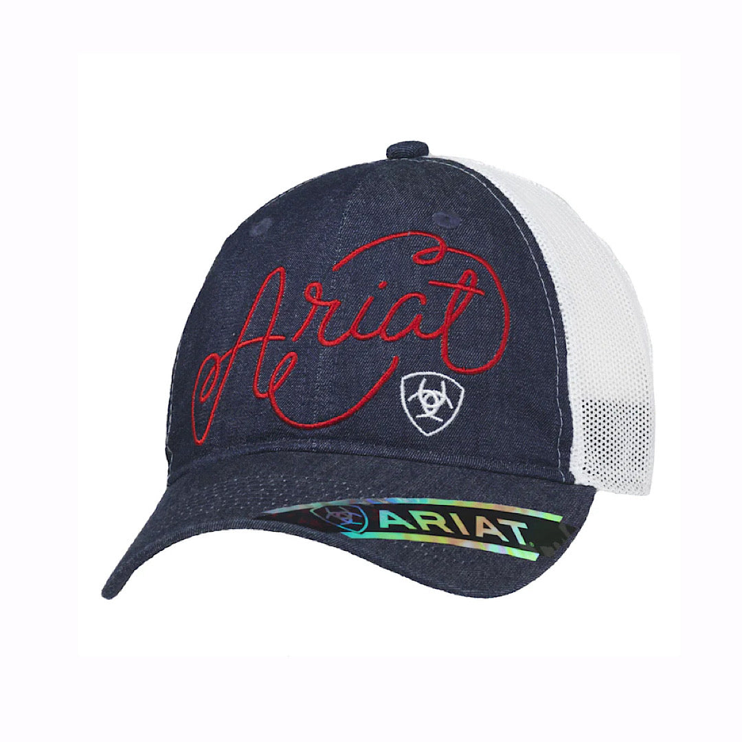 Ariat - Blue Denim & White With Ariat Cursive Logo Tuck & Slide Back Ladies Ball Cap A300015620