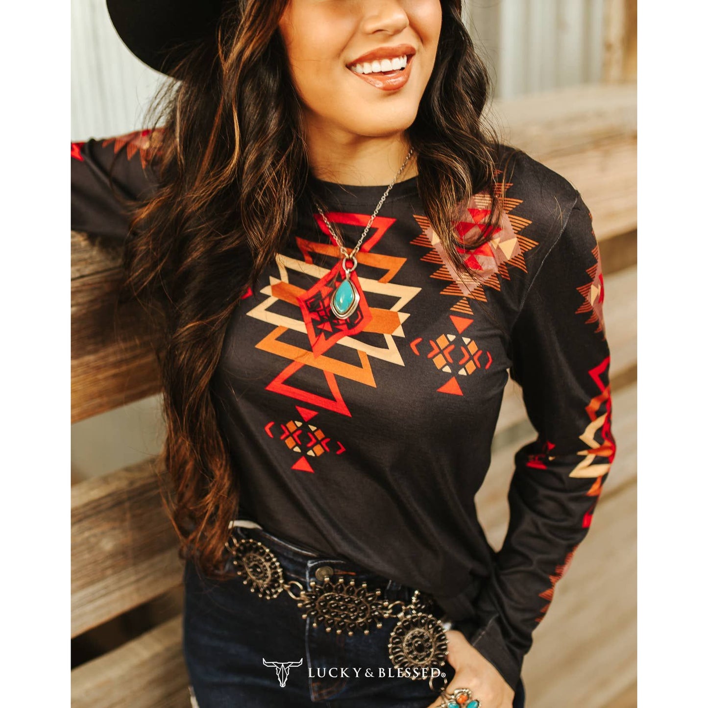 LUCKY & BLESSED - Black Red Aztec Printed Long Sleeve Top