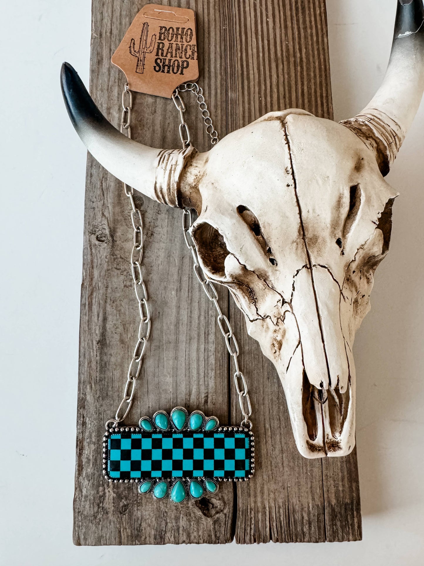 Western Checkered Rectangle Pendant Necklace