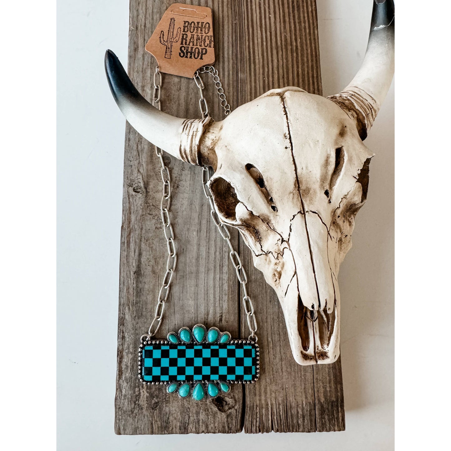 Western Checkered Rectangle Pendant Necklace