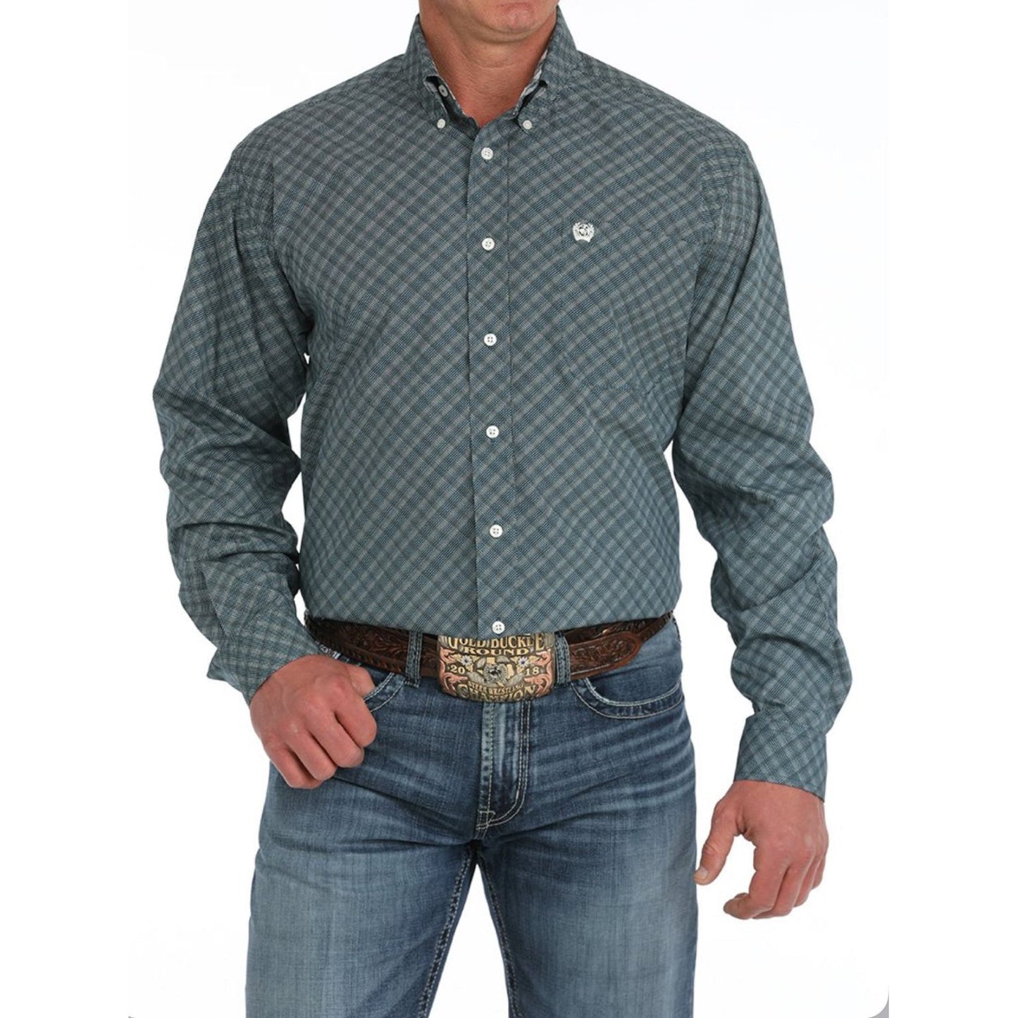 MEN'S GEOMETRIC PRINT BUTTON-DOWN WESTERN SHIRT - BLUE MTW1105896