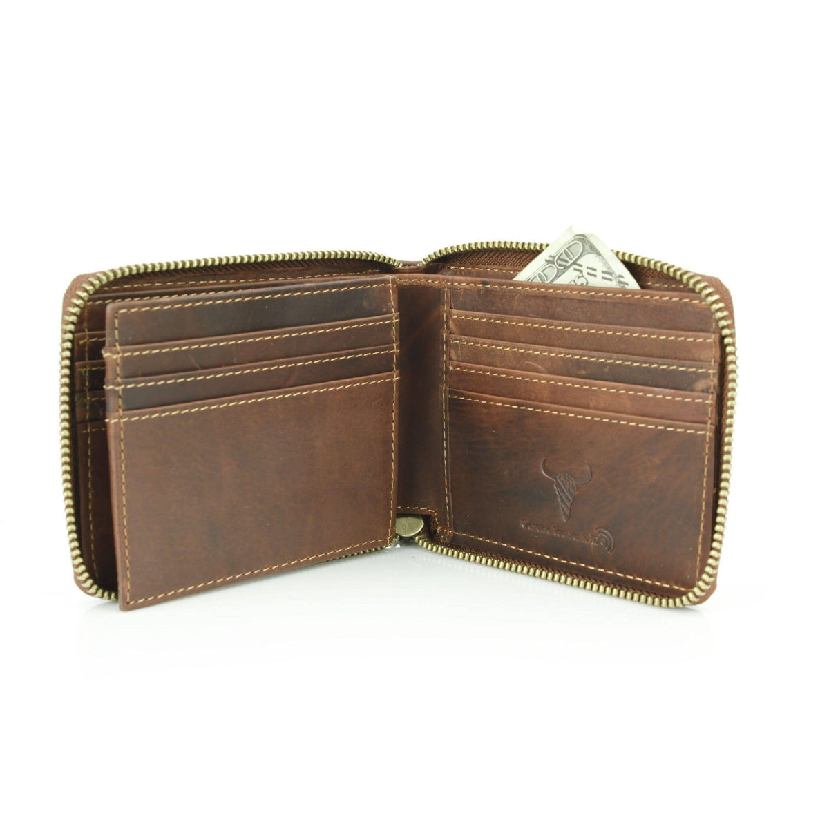 Oil Pull Up Leather RFID Zip Wallet with Center Flap 8036