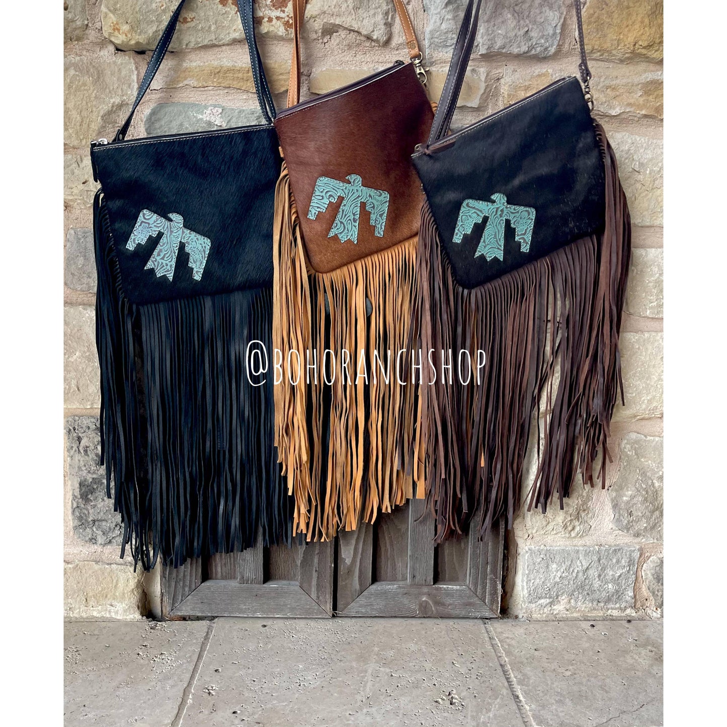 Boho Ranch Shop - THUNDERBIRD COWHIDE CROSSBODY tooled Leather Cowhide Clutch