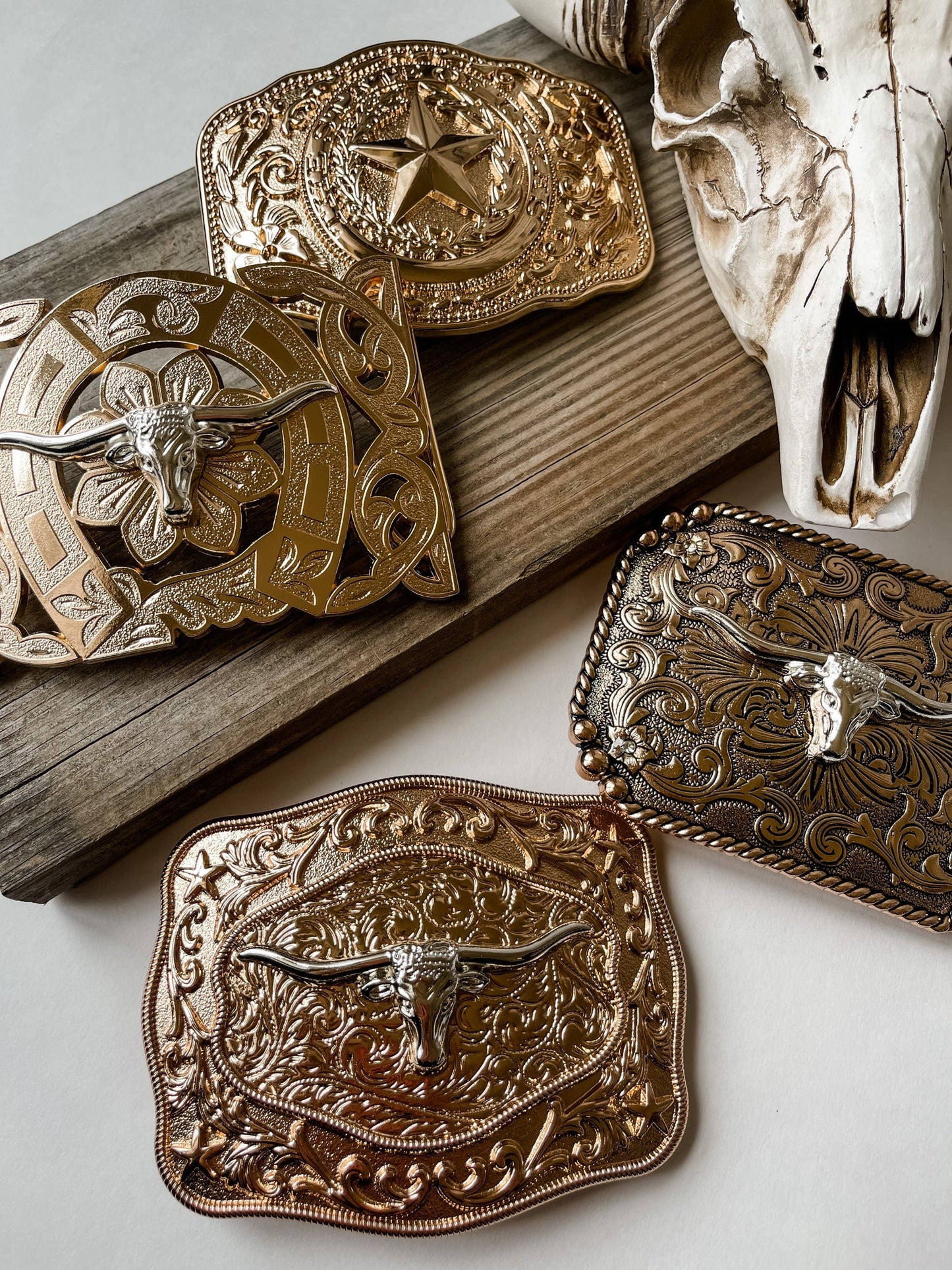 Western Longhorn Belt Buckle Silver - Rose Gold - Gold