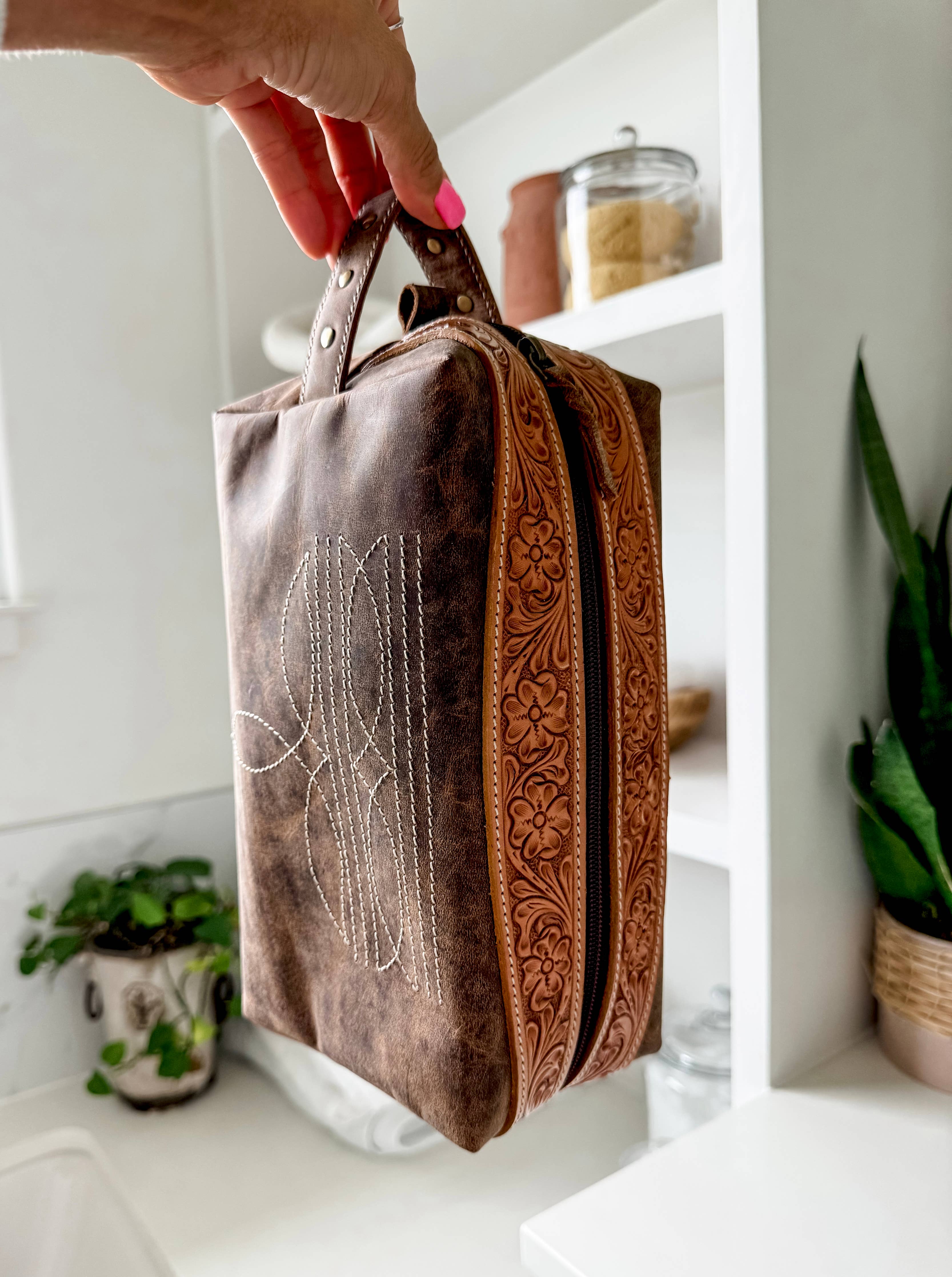 Boot Stitch Handtooled Leather Toiletry Makeup Shaving Bag