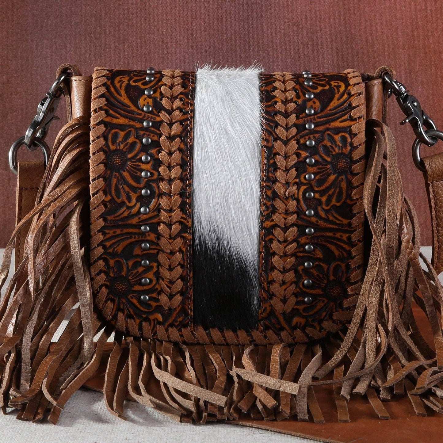 Montana West - RLC-L168 Montana West Genuine Leather Tooled Collection Fringe Crossbody