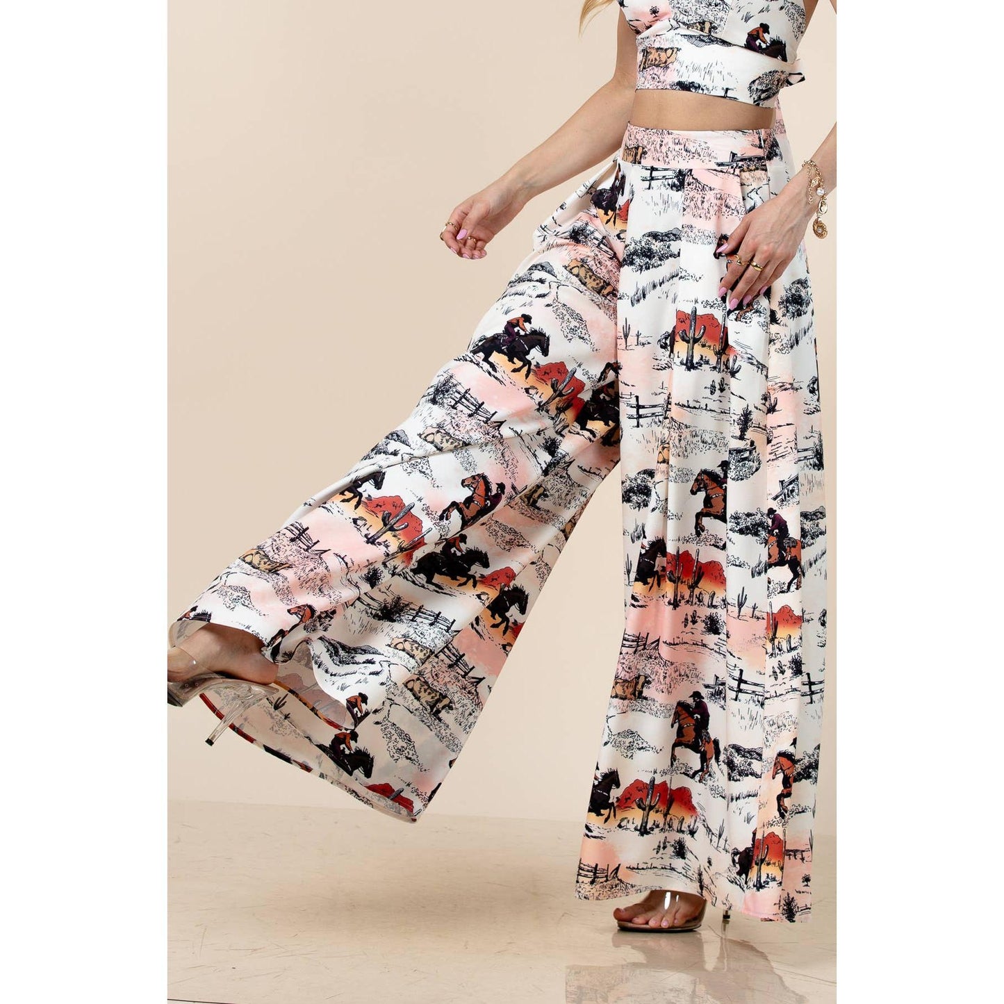 Nylon Apparel - P919-6275-Hilda Vintage Western Horse Print Wide Leg Pants