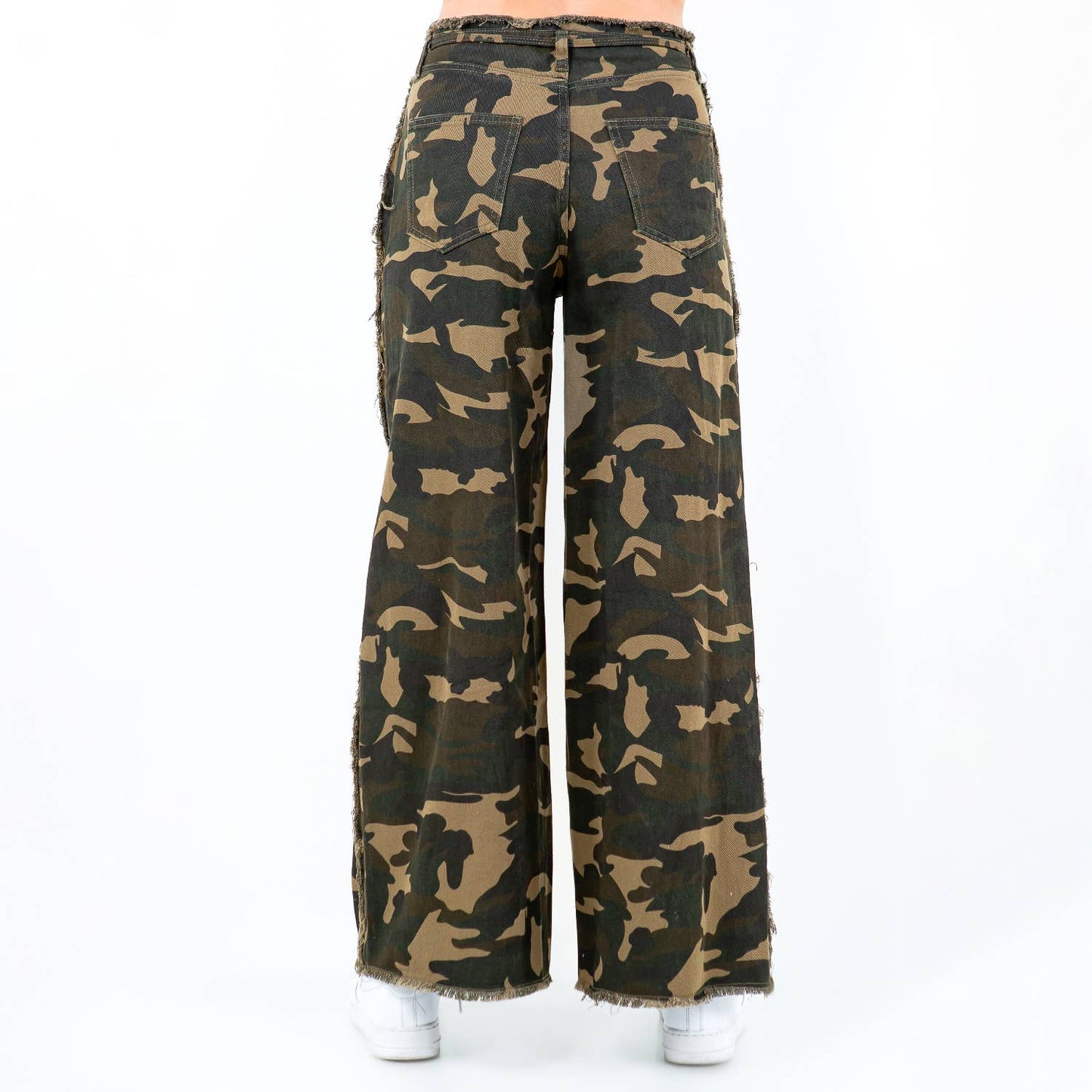 American Bazi - CAMOUFLAGE FRAYED EDGE WIDE LEG PANTS-RJH30775CM