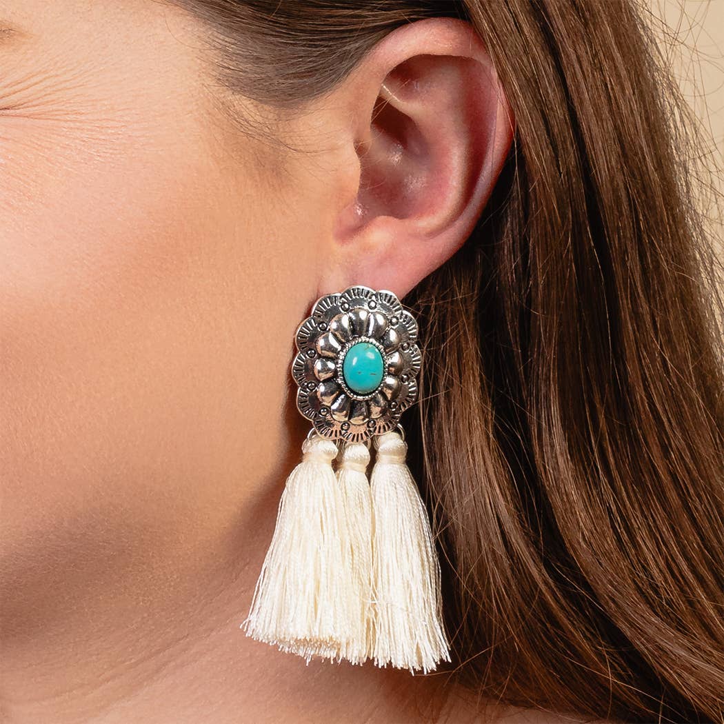 Squash Blossom Tassel Earrings - Turquoise Stone Accent