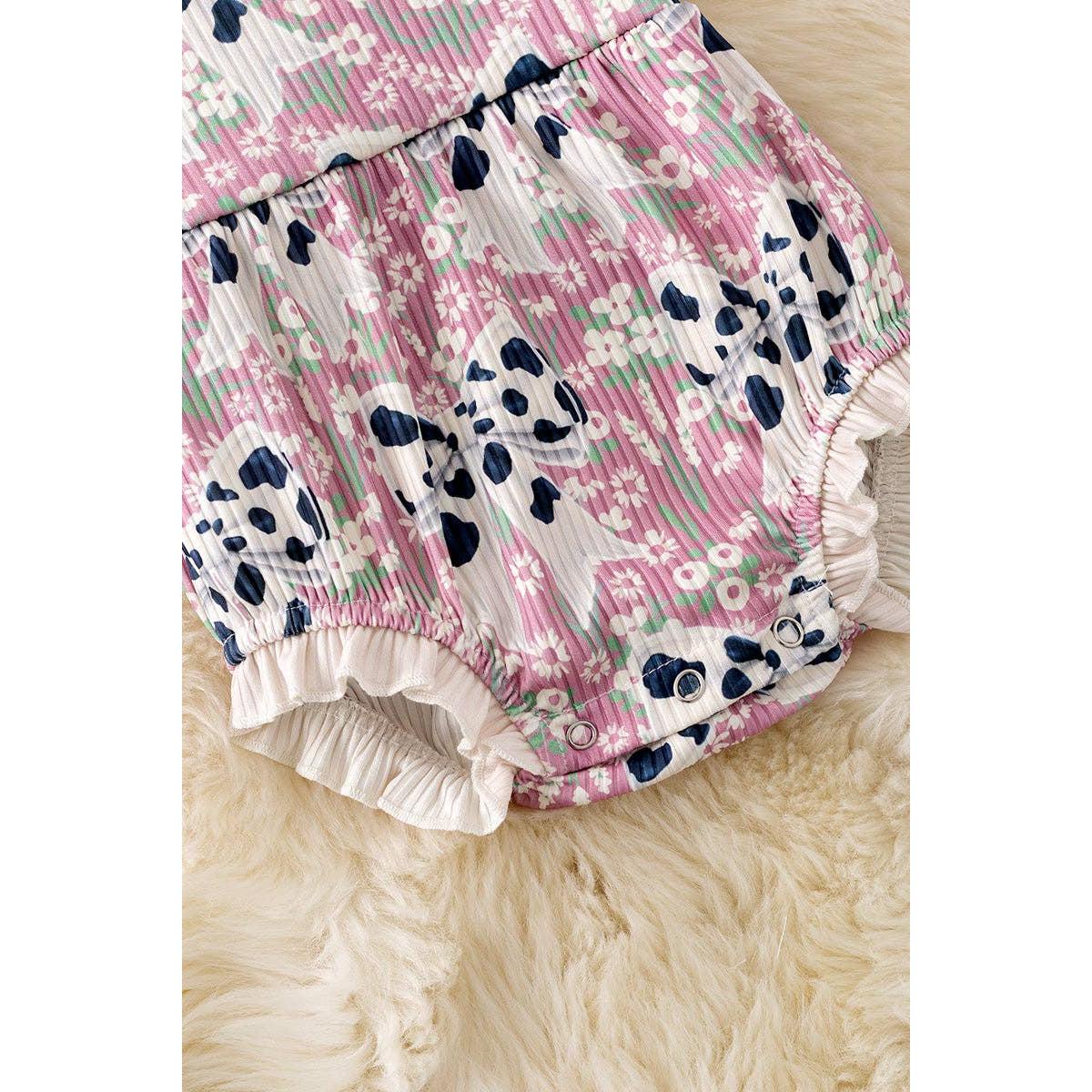 Kids Charm Online - Cameo cow coquette printed bow baby romper w/ruffle hem. RPG50743 SOL